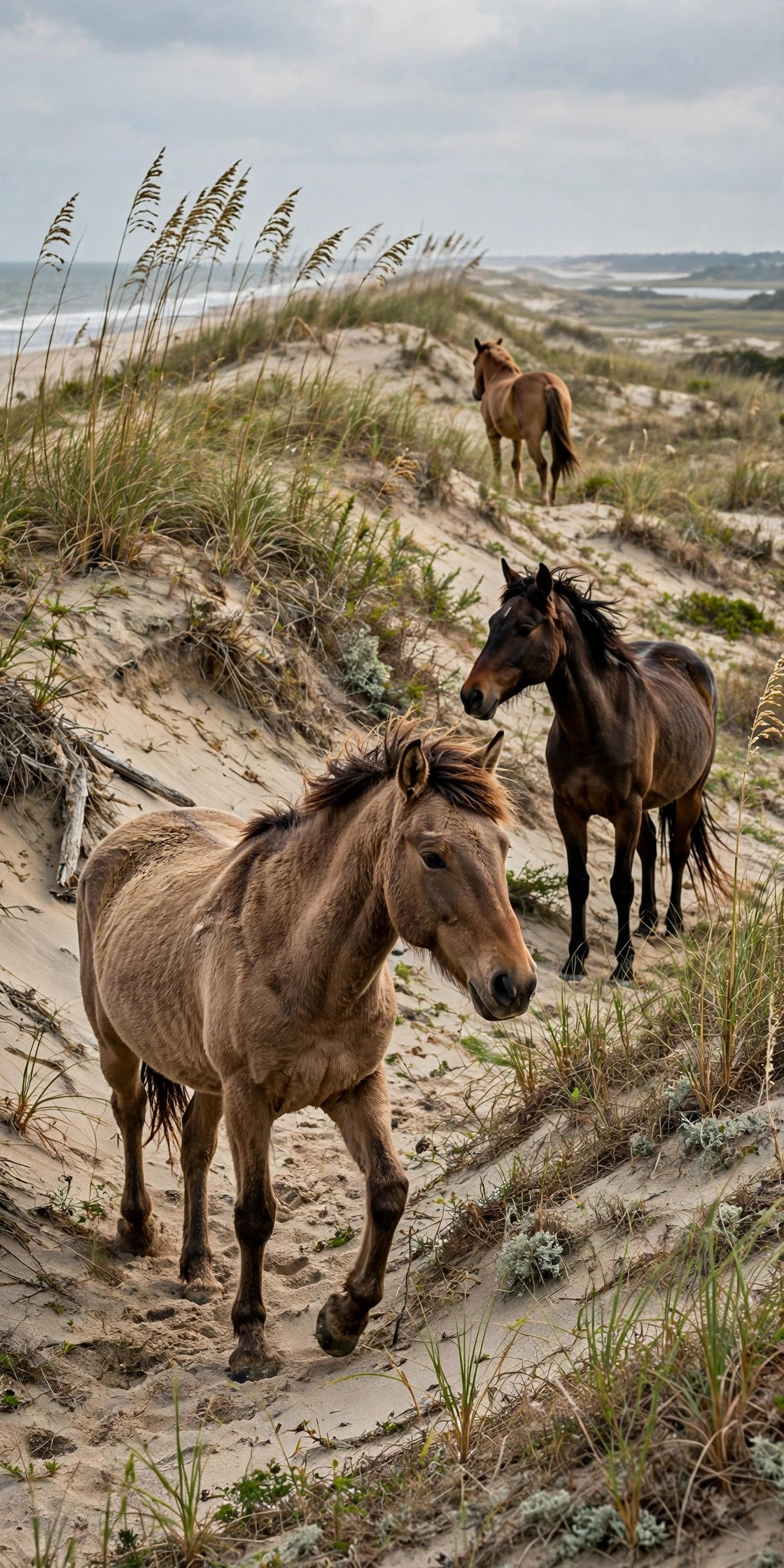 Wild horses on Outer Banks beach dunes