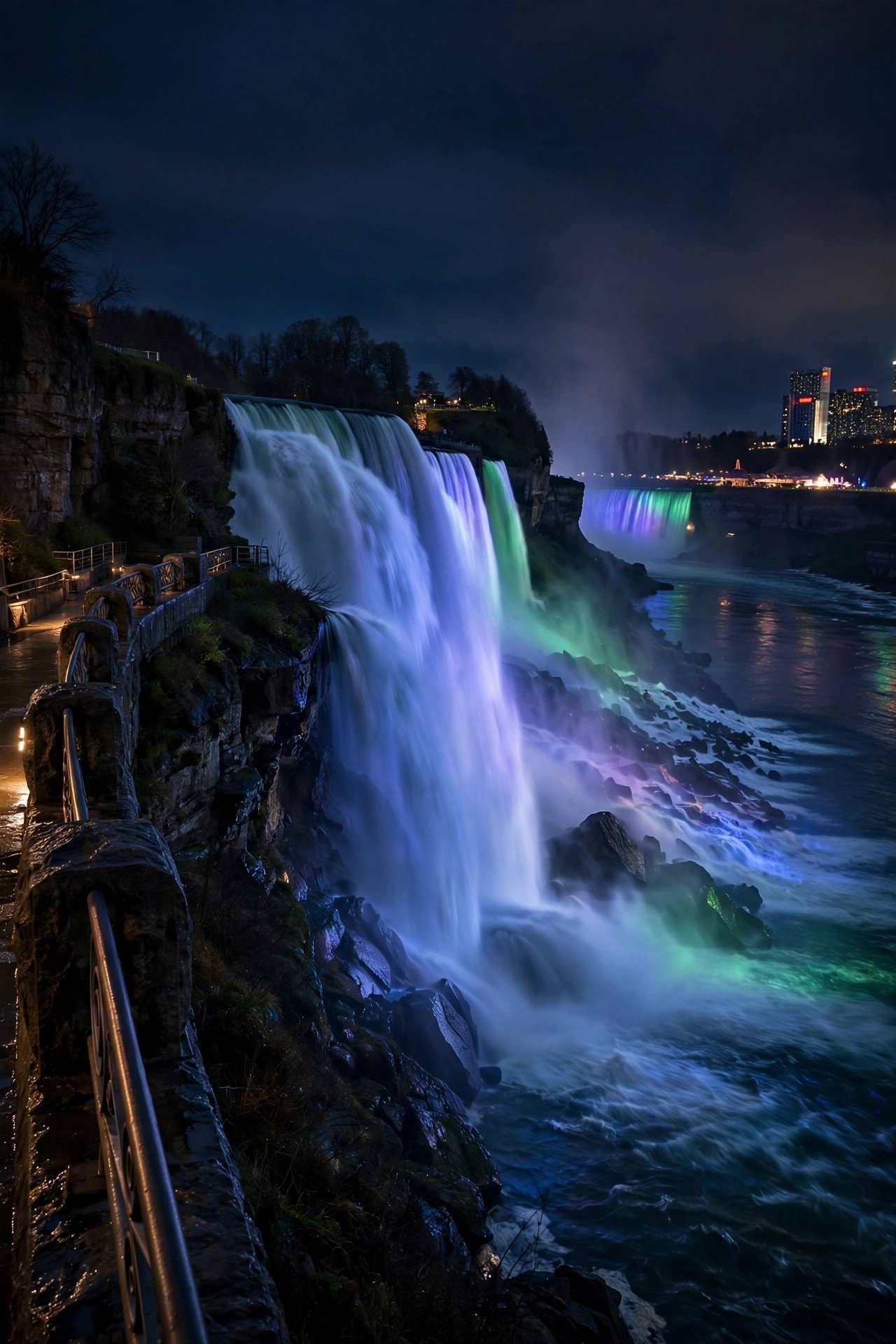 Niagara Falls illuminated at night