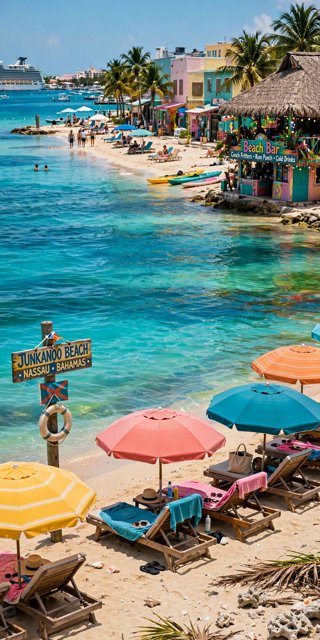Junkanoo Beach with colorful water in Nassau