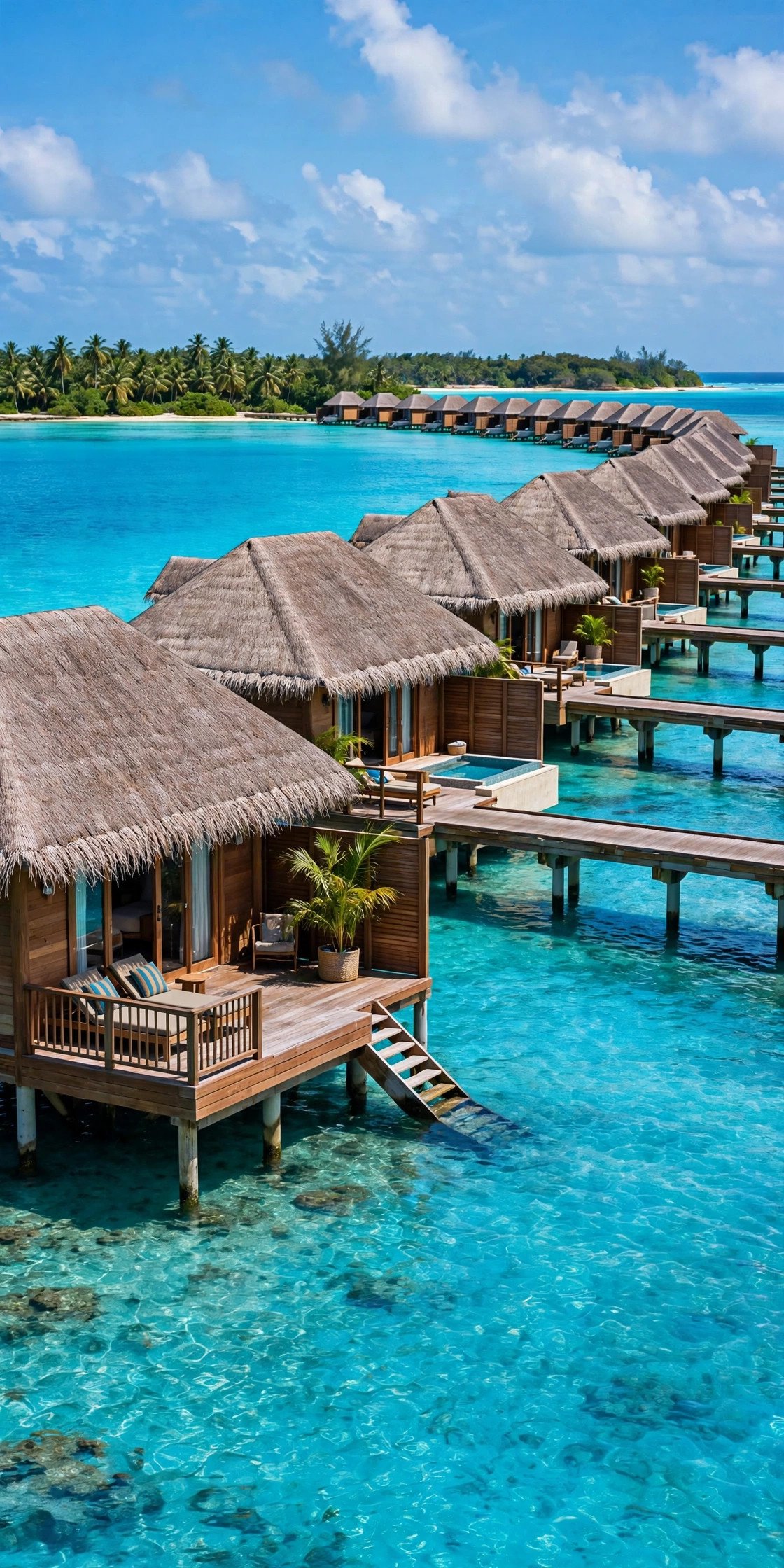 Overwater villas over Maldives turquoise lagoon