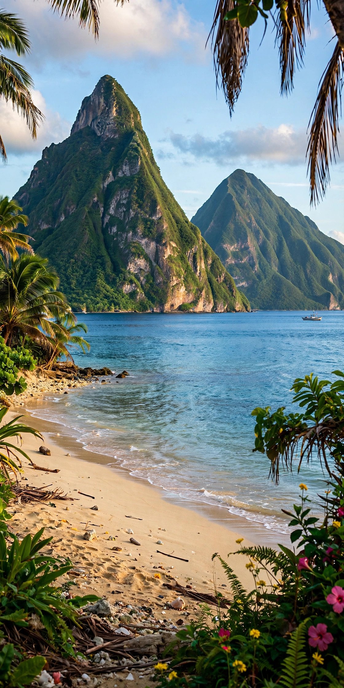 The Pitons rising over St Lucia beach