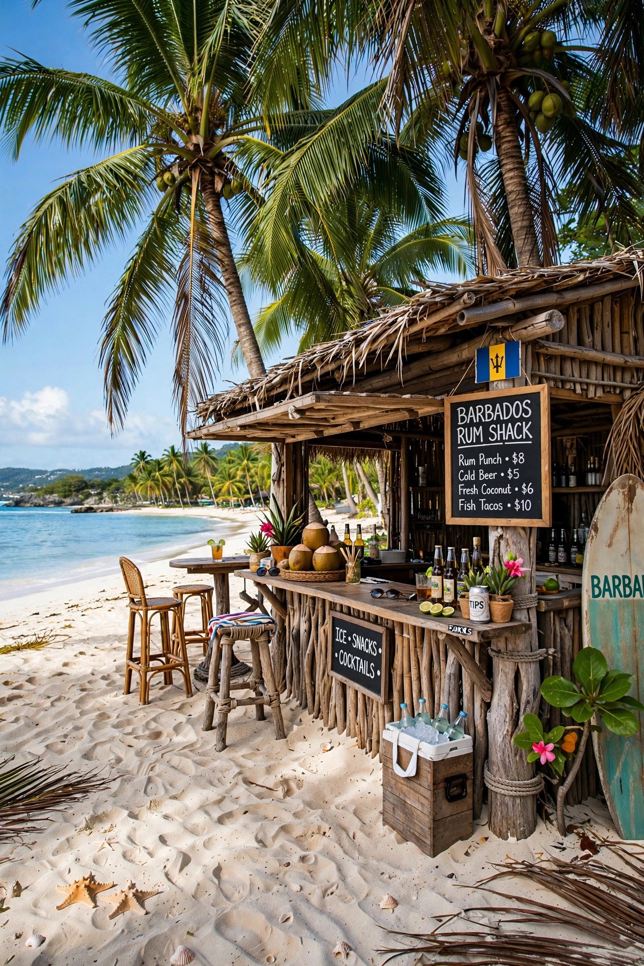 Barbados beach with palm trees and a beach bar shack