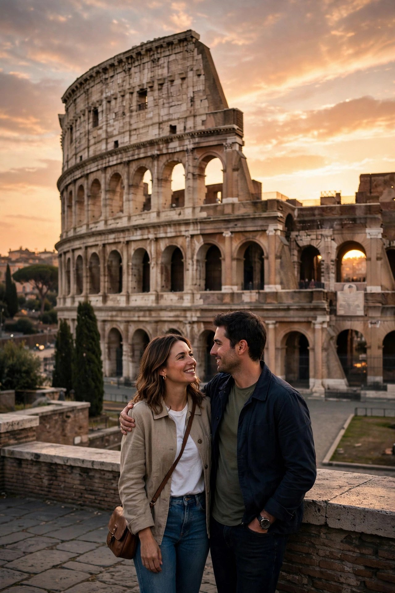 Colosseum in Rome with couple at sunset