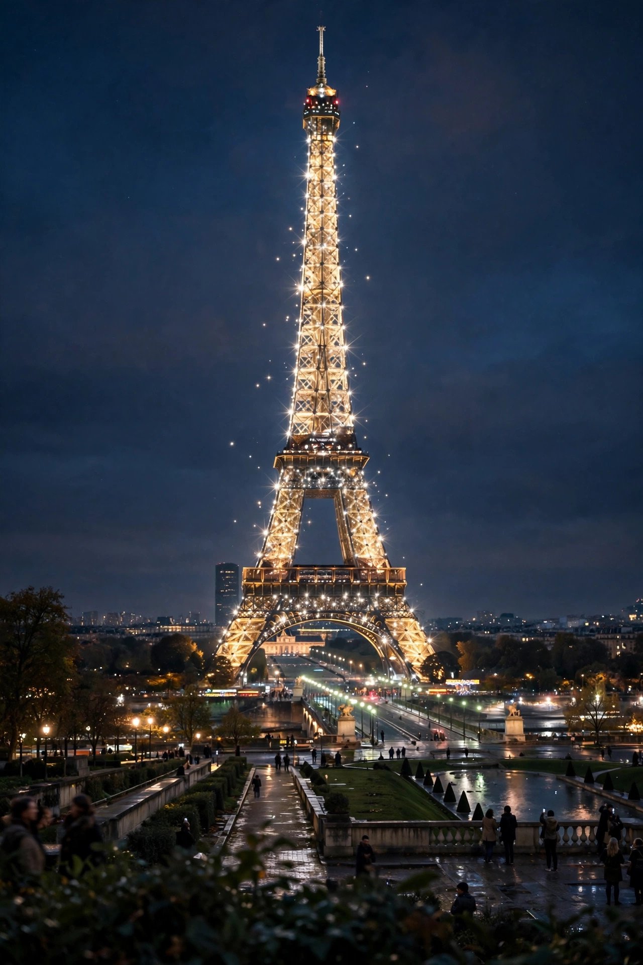 Eiffel Tower sparkling at night Paris