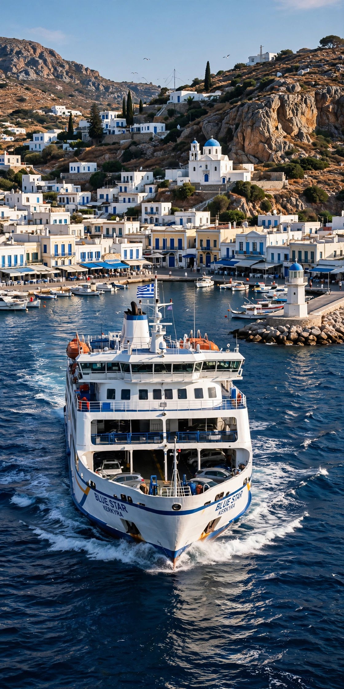 Ferry approaching a Greek island harbor