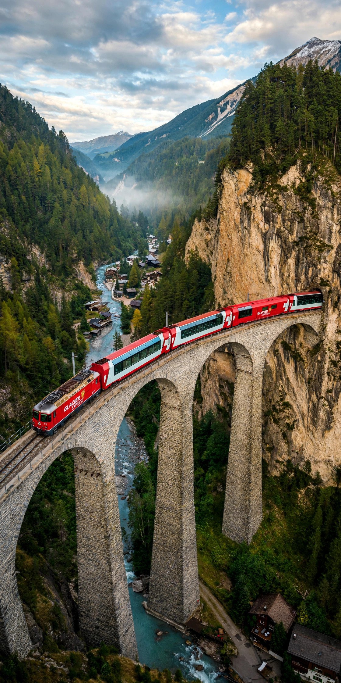 Glacier Express crossing Swiss Alps viaduct