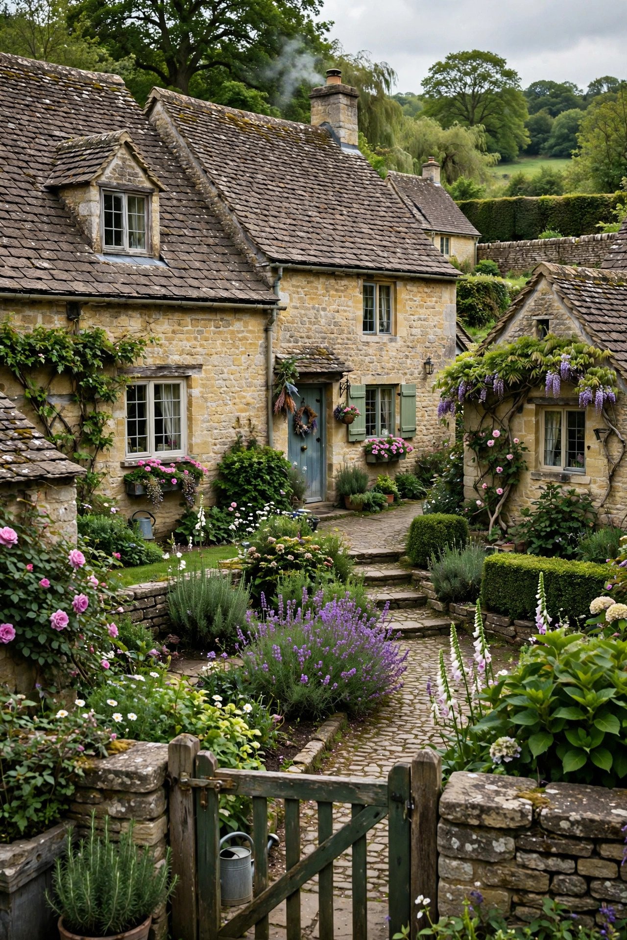 Cotswolds stone cottages with gardens