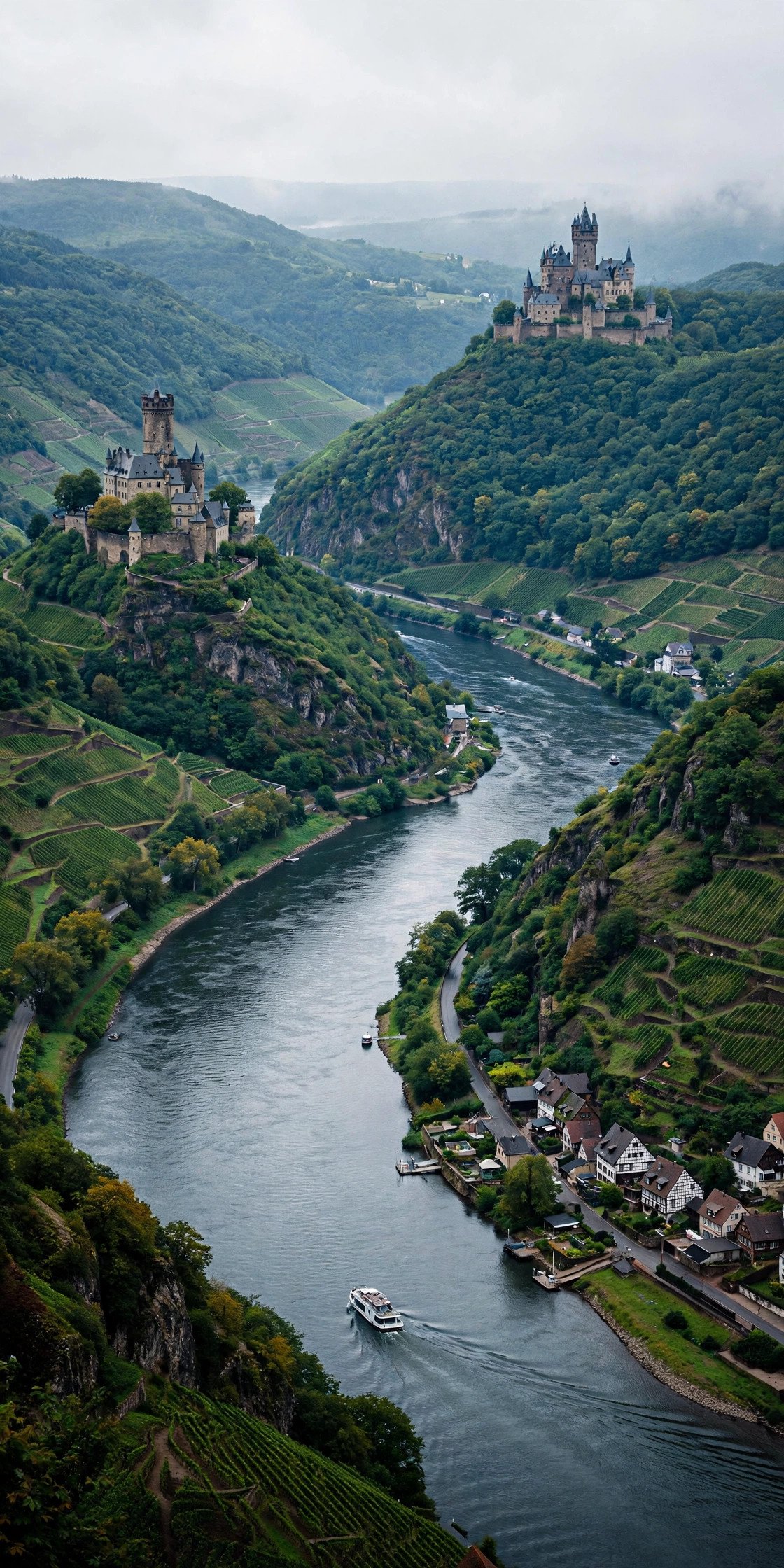 Rhine river with hilltop castles Germany