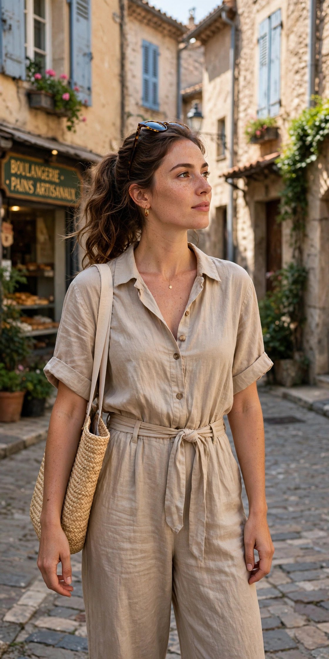 Woman in breezy jumpsuit exploring old town