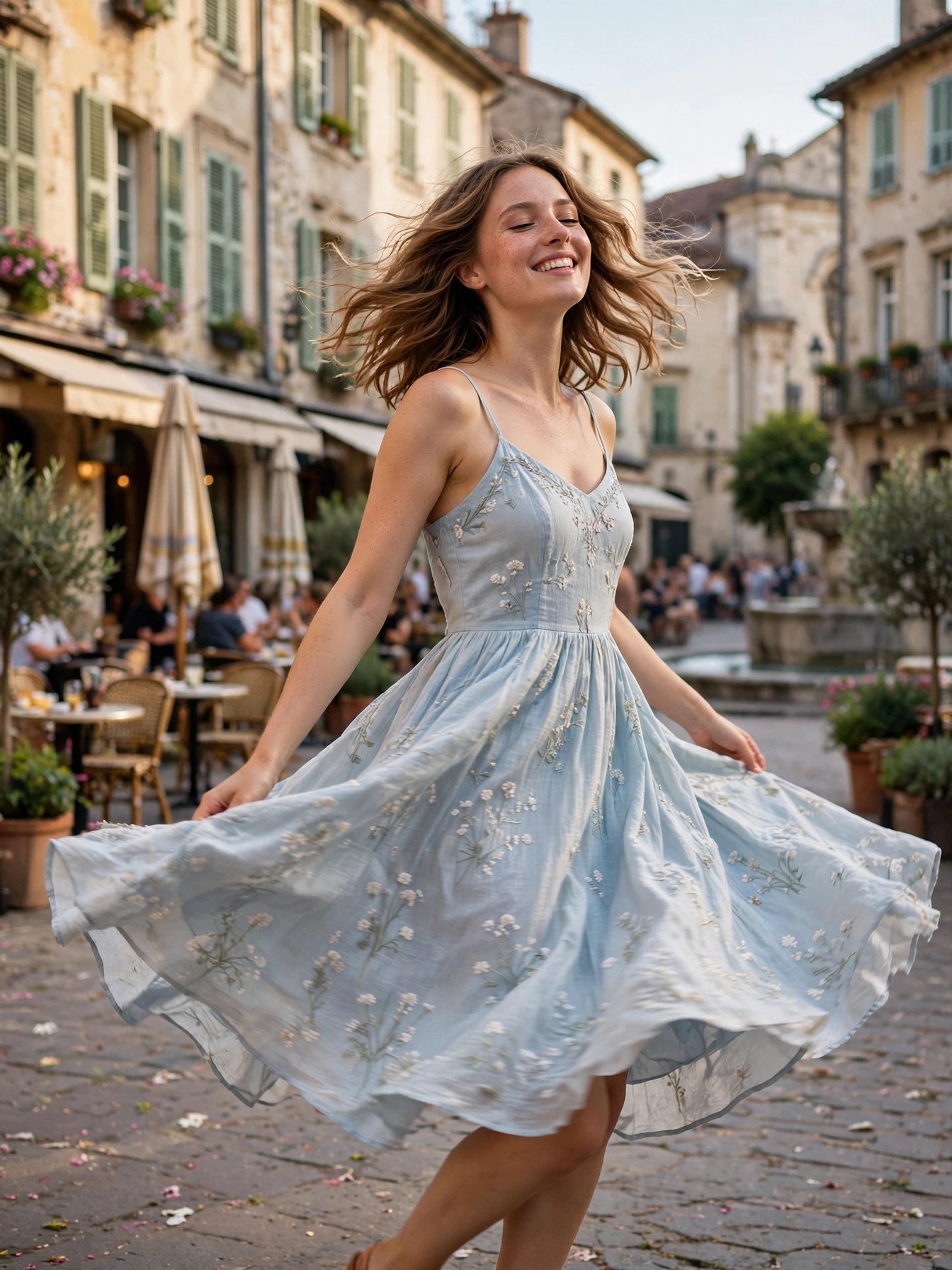 Flowy sundress twirling in European square