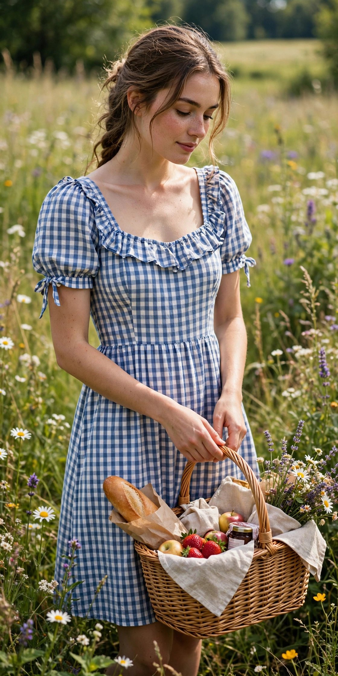 Picnic dress in a meadow with basket
