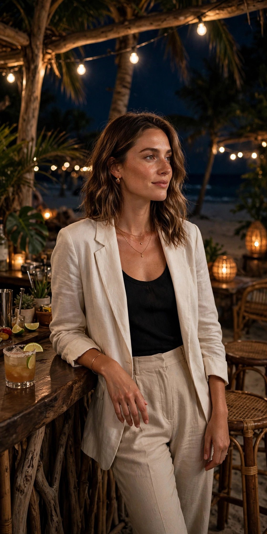Casual chic outfit at beach bar at night