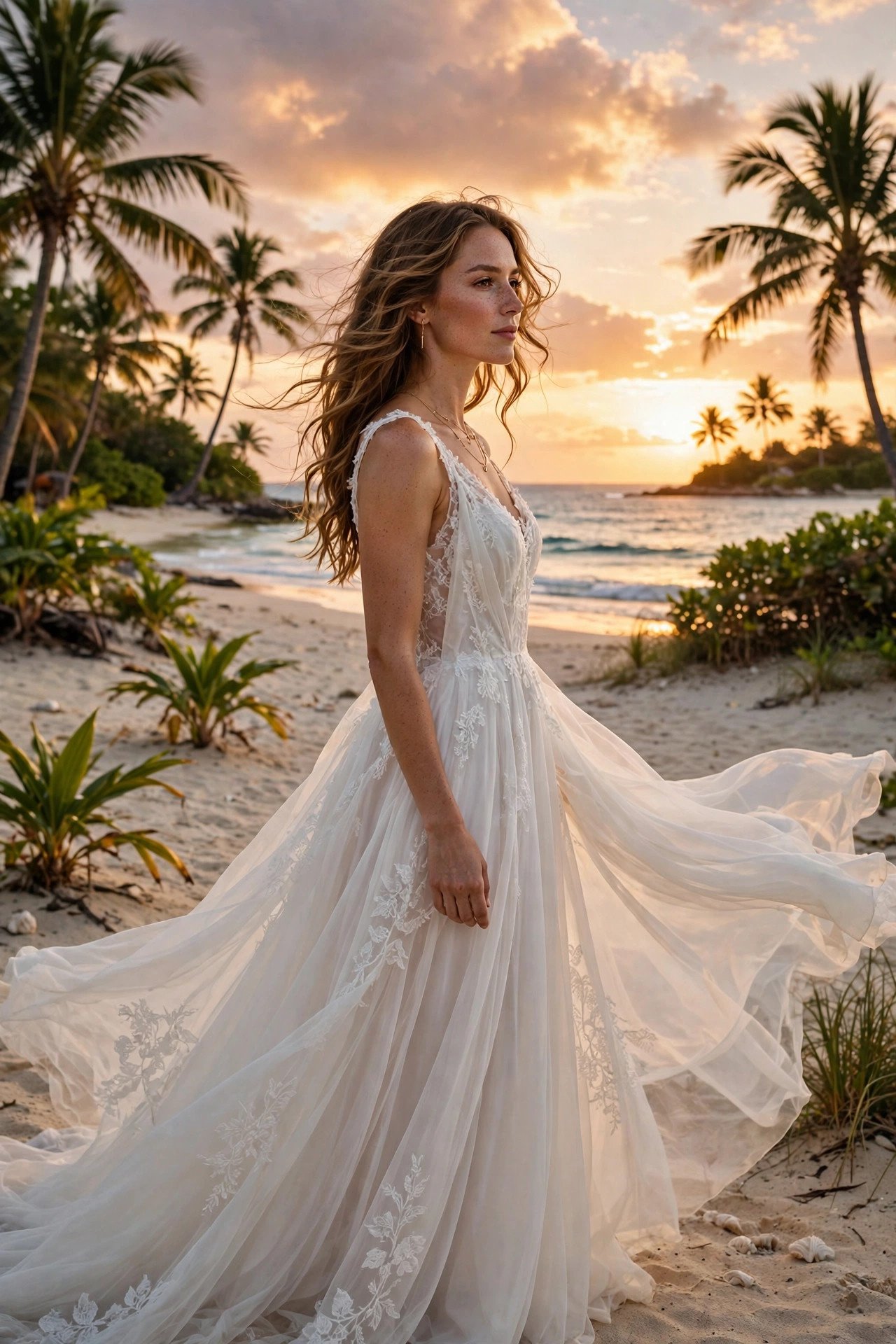 Woman in a flowing white dress on a tropical beach at sunset