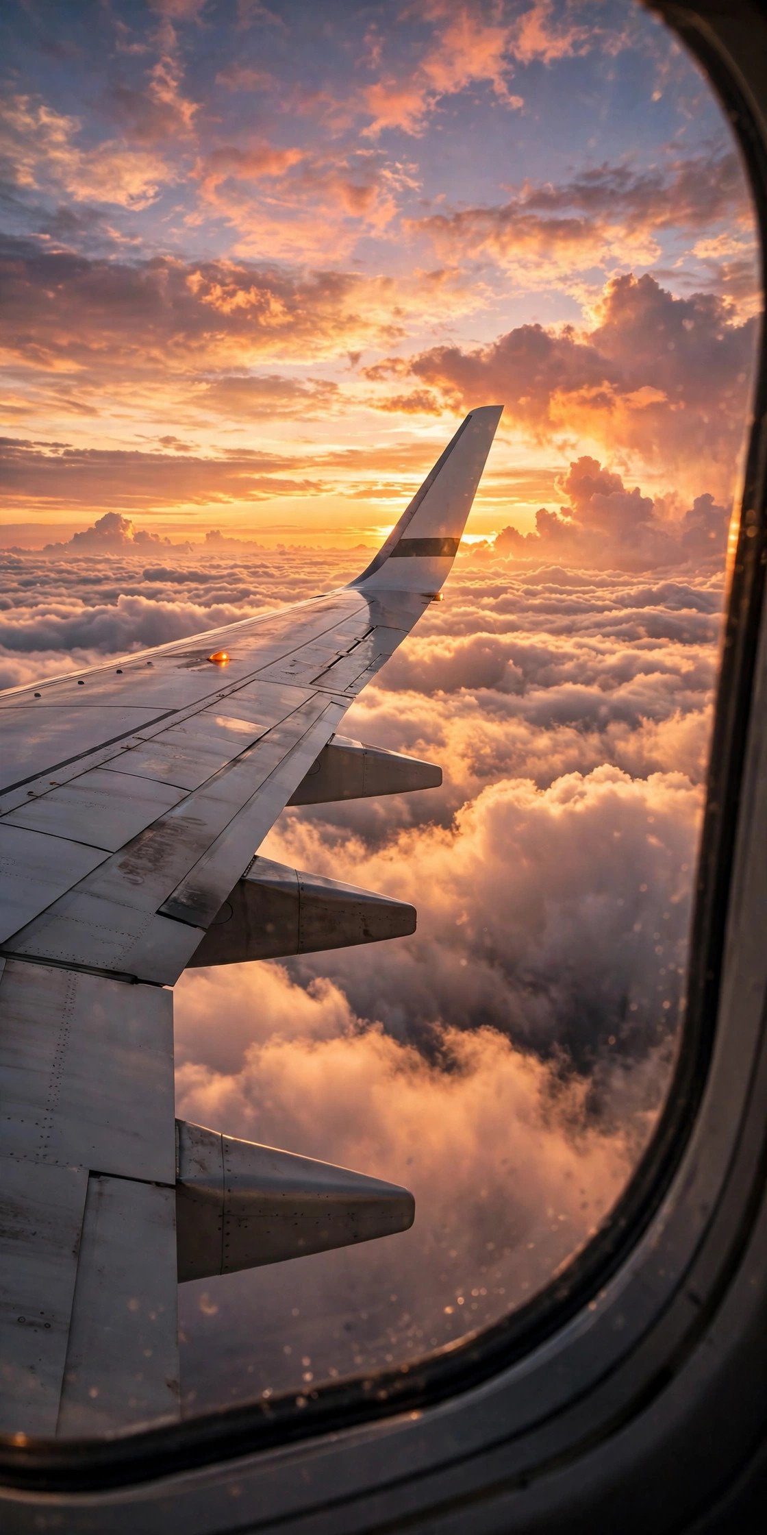 Airplane wing over clouds at sunset