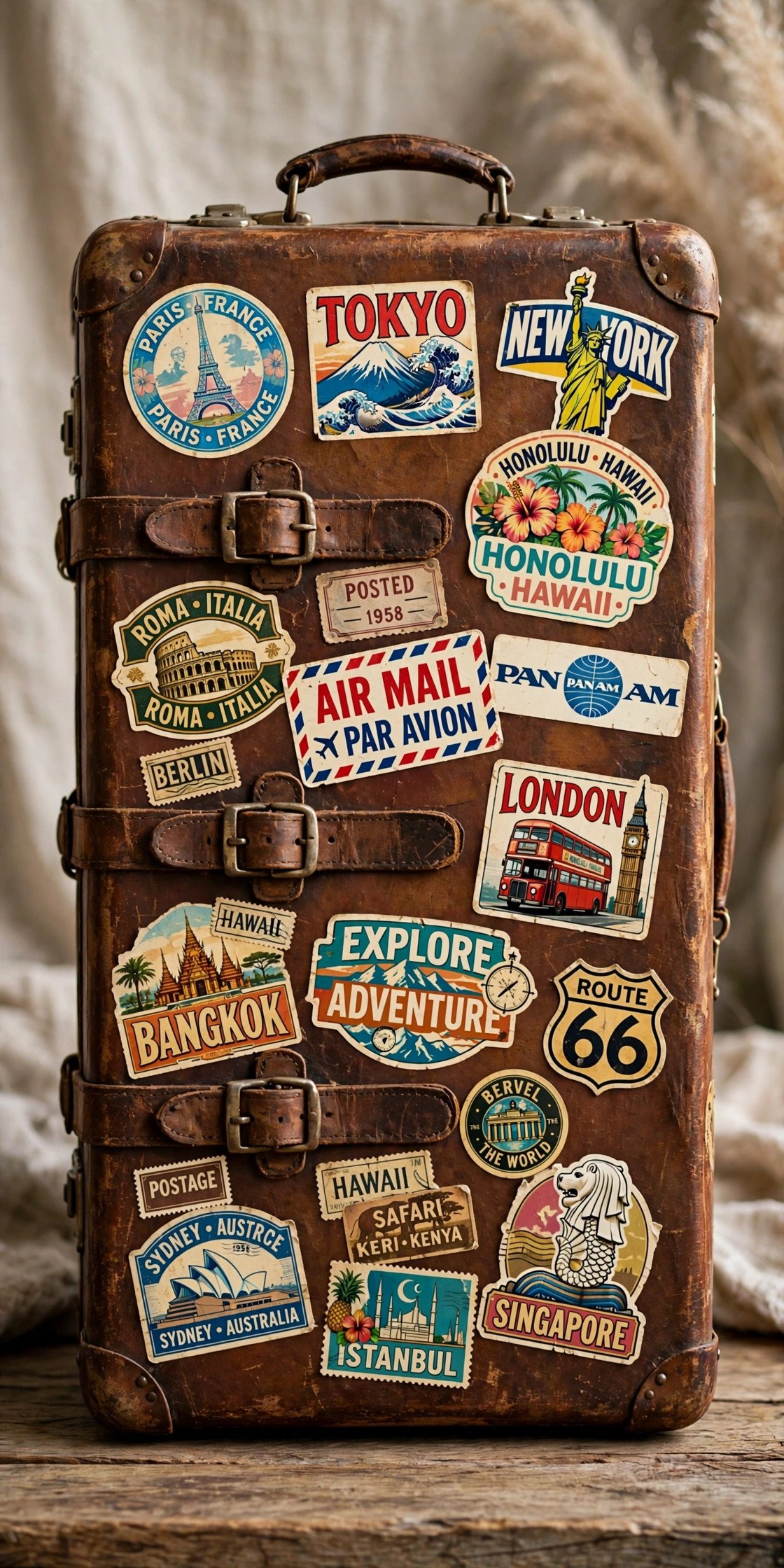 Vintage suitcase with colorful travel stickers