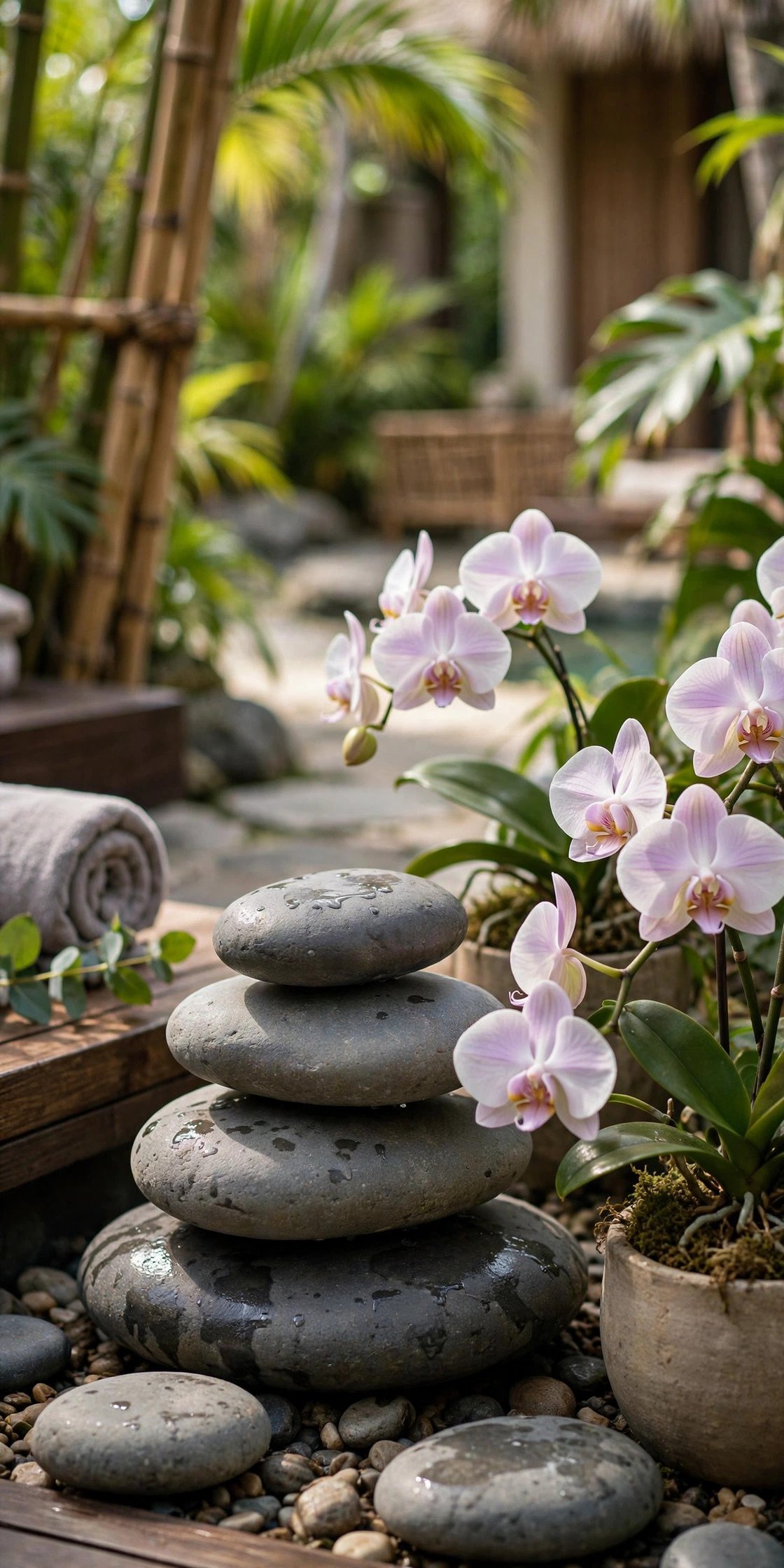 Spa stones and orchids at resort