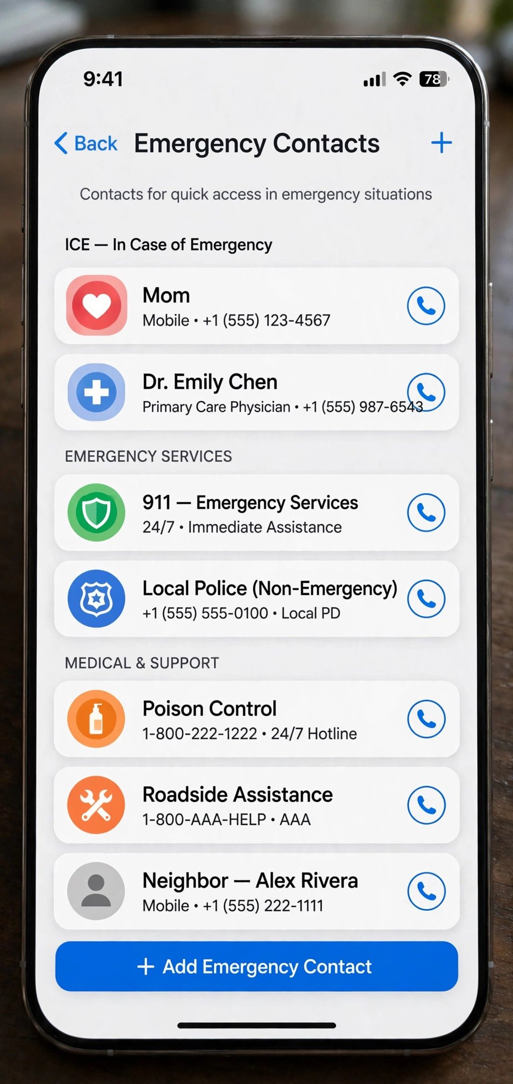 Emergency contacts list on phone