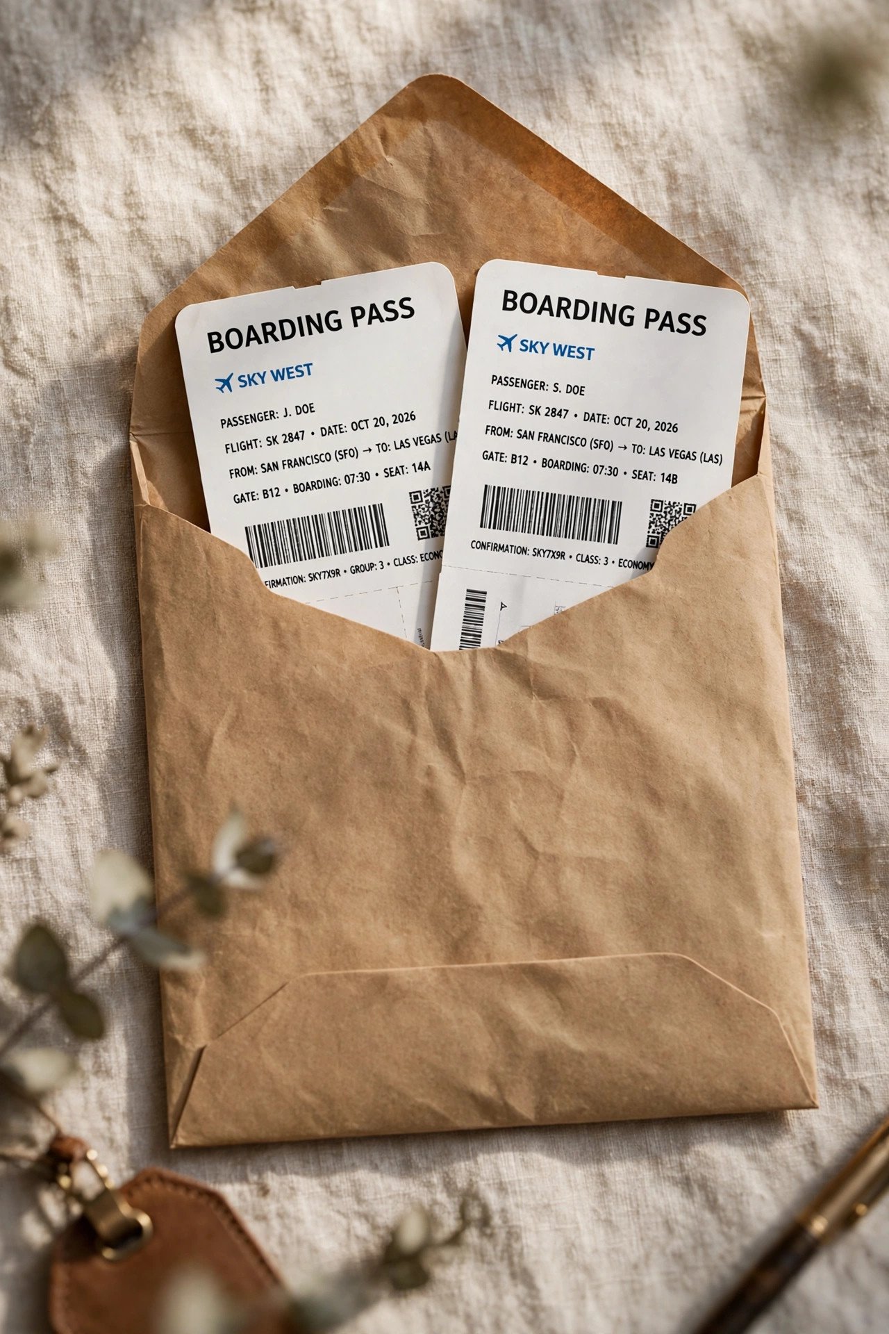 Printed boarding passes tucked into a travel envelope
