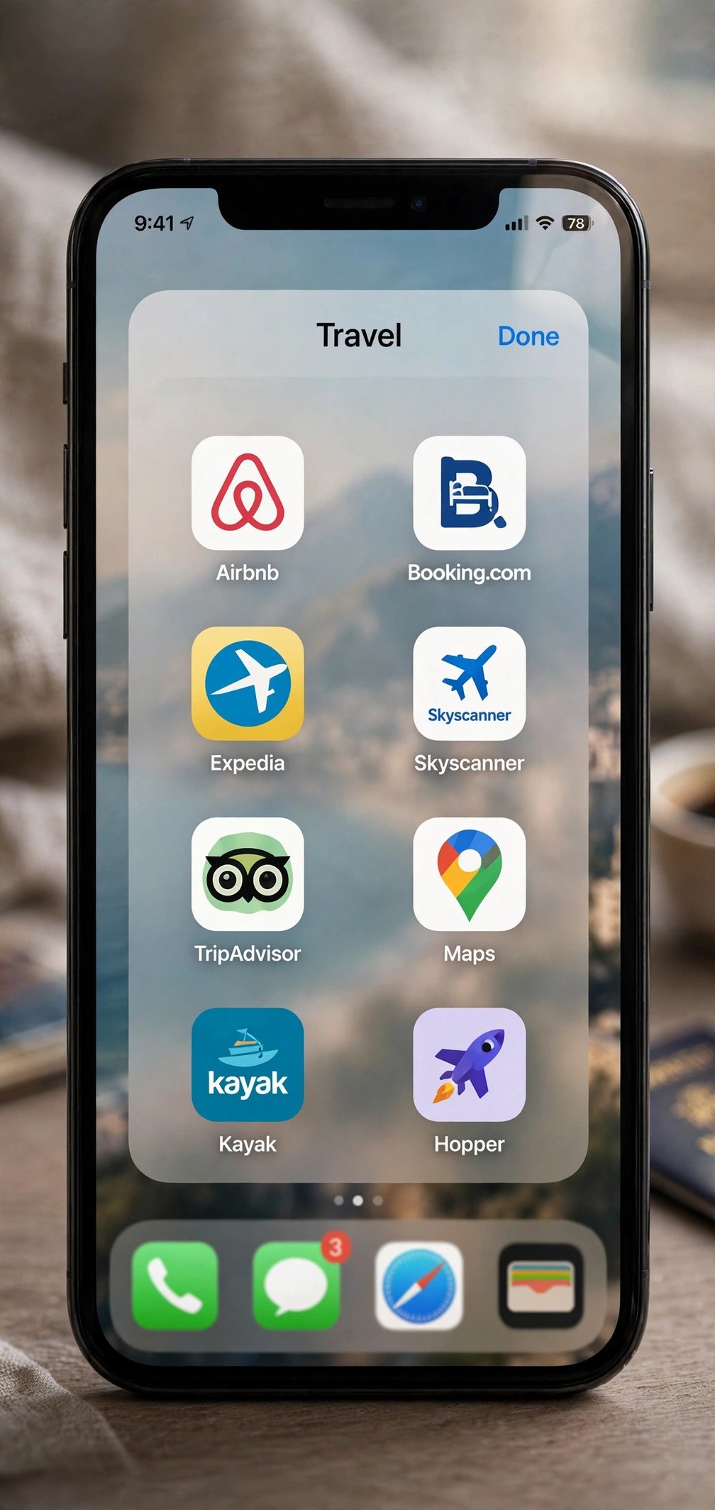 Travel apps on smartphone screen