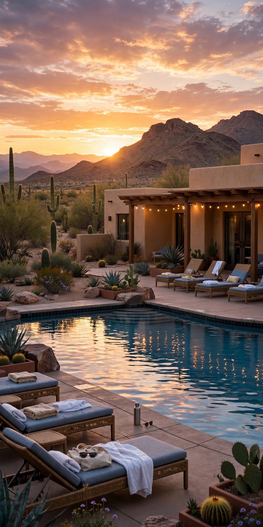 Arizona desert resort pool at sunset