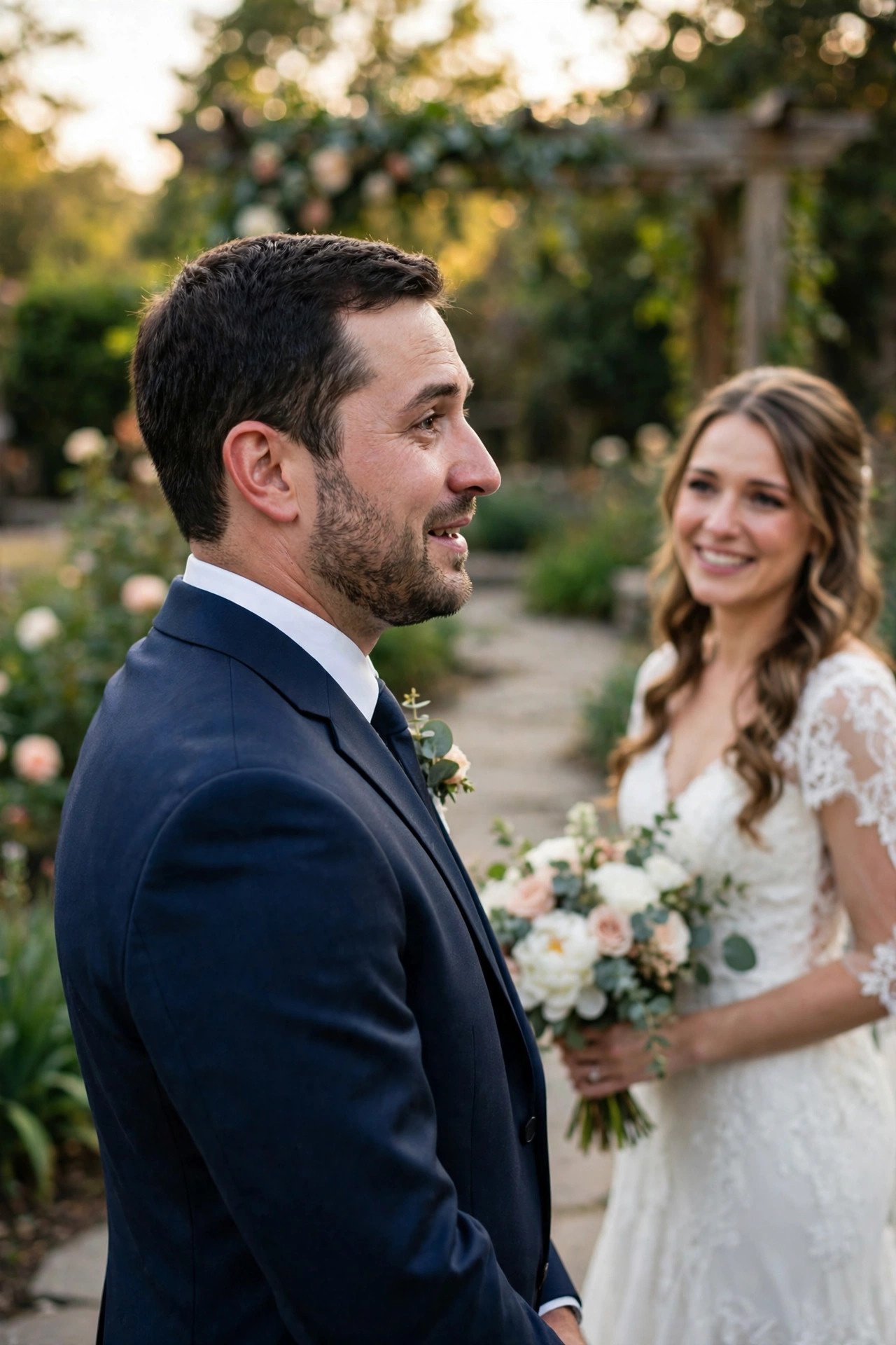 Groom turning around to see bride during first look