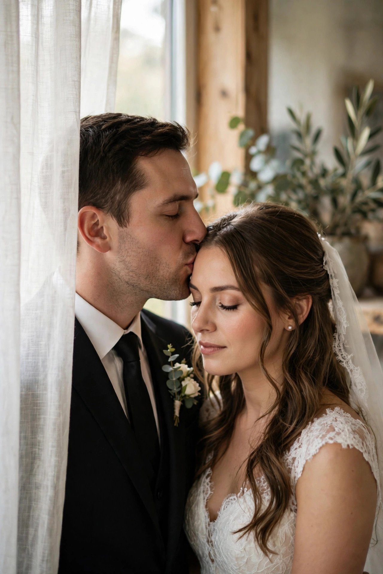 Groom kissing bride's forehead in soft window light