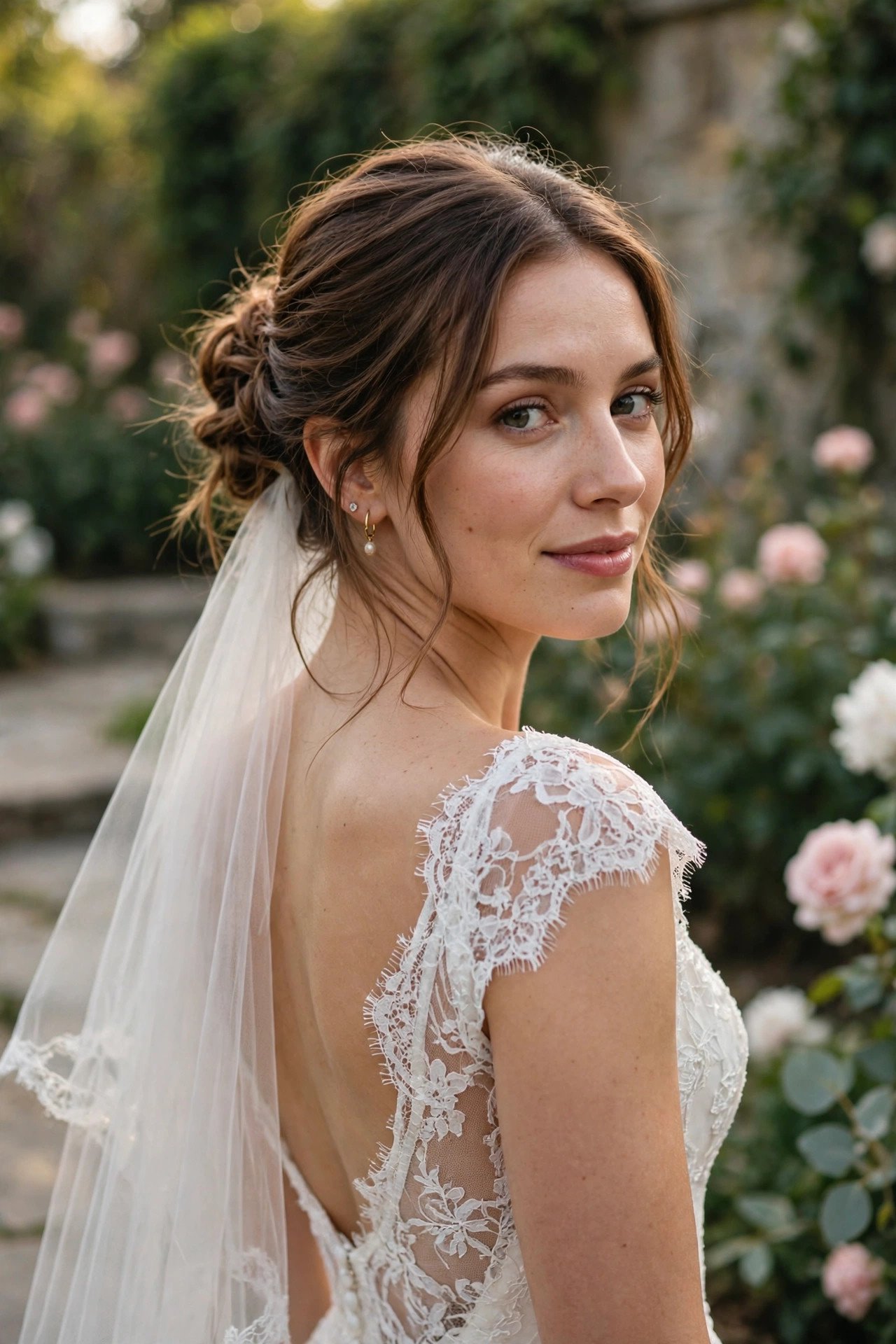 Bride looking back over her shoulder at camera