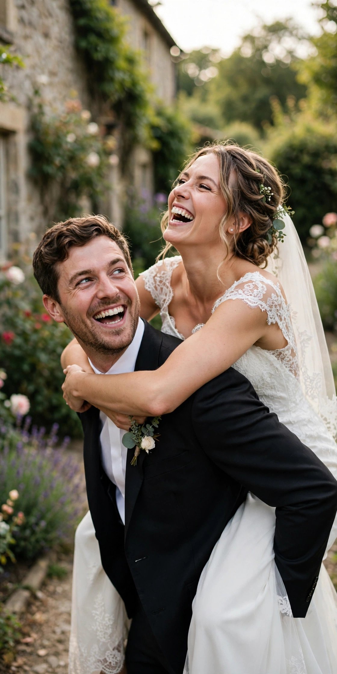 Groom giving bride a piggyback ride laughing