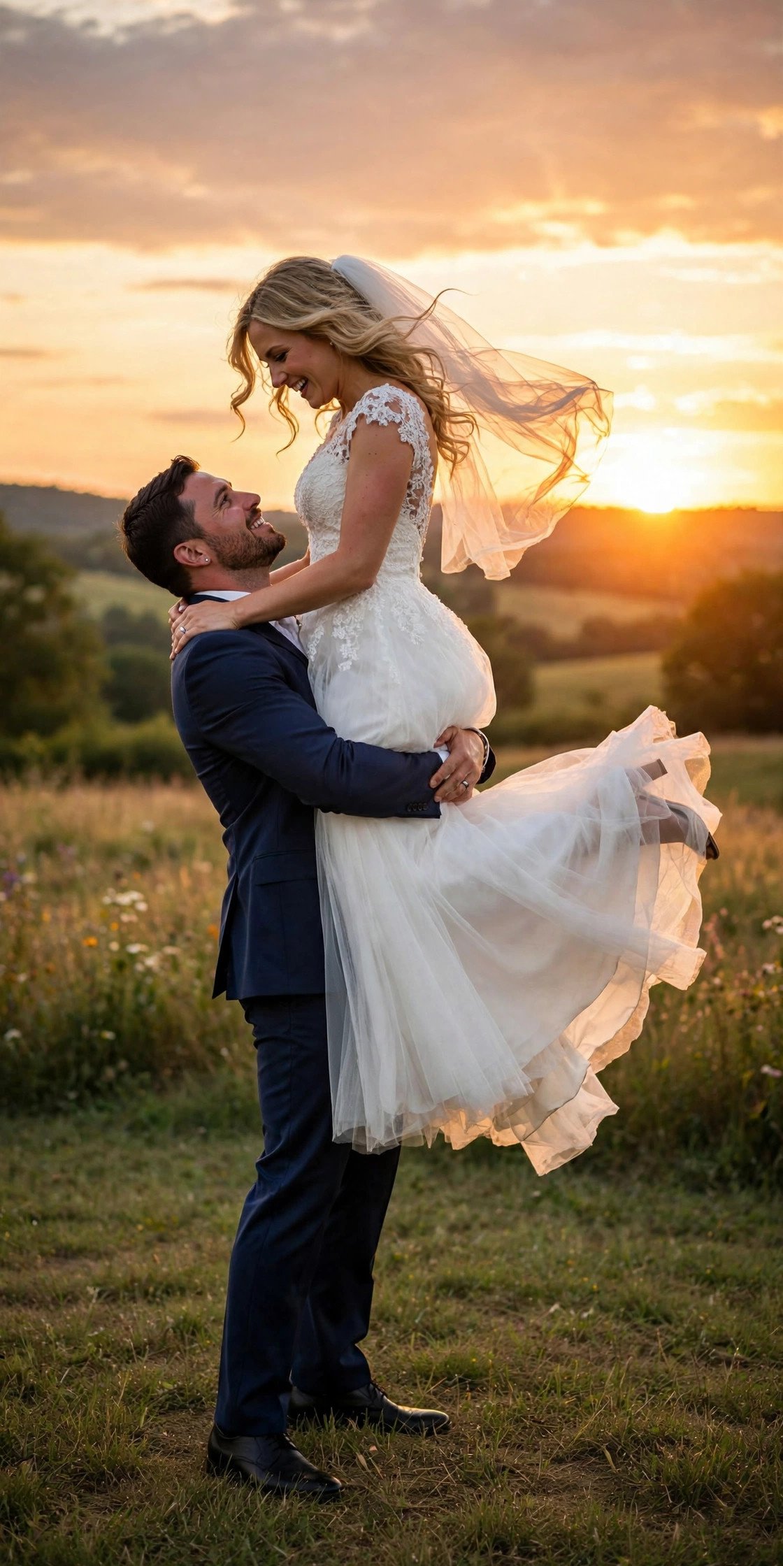 Groom lifting bride into the air at sunset