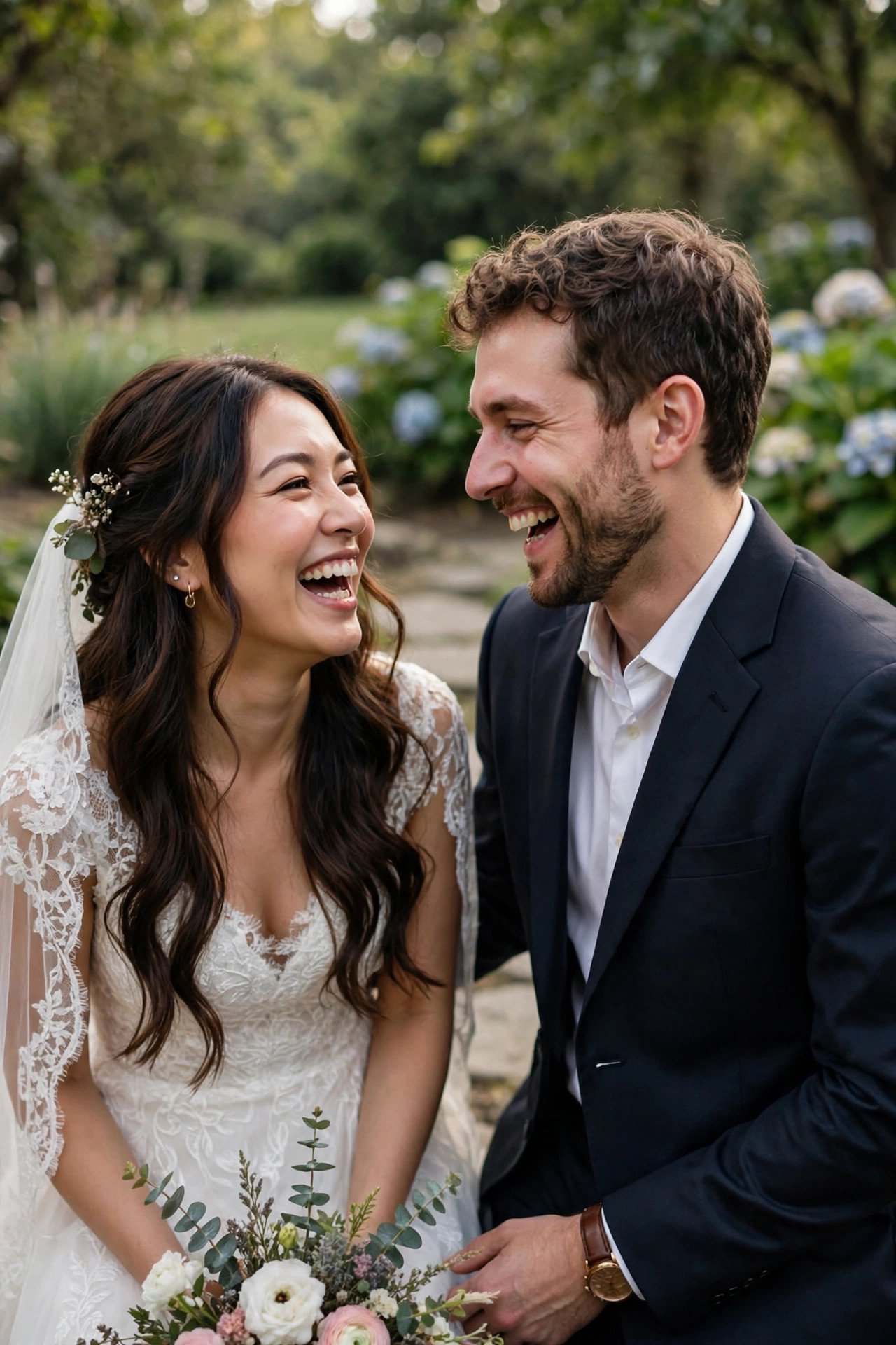 Bride and groom laughing together candidly