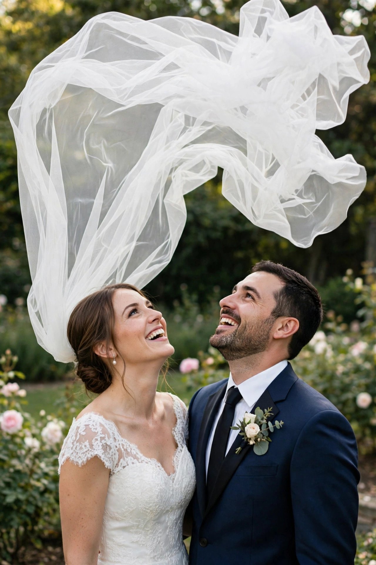 Bride's veil tossed in the air above the couple