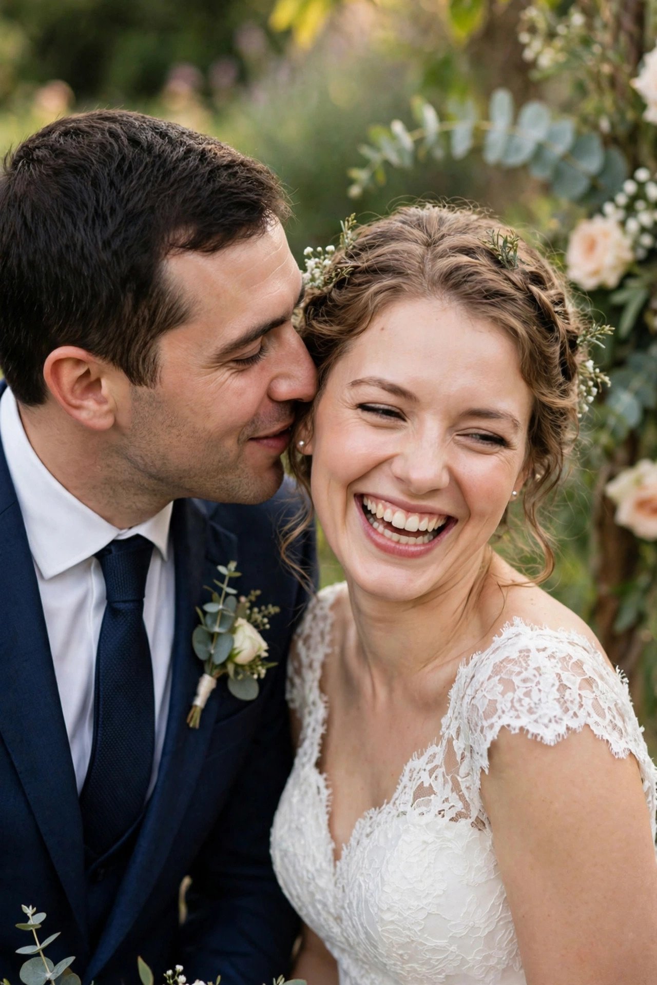Groom whispering in bride's ear making her smile