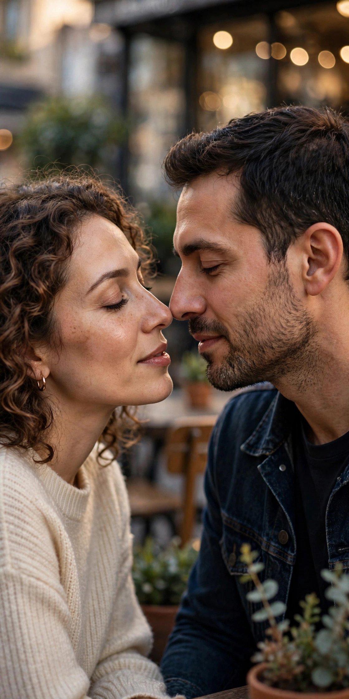 Couple leaning in for an almost kiss