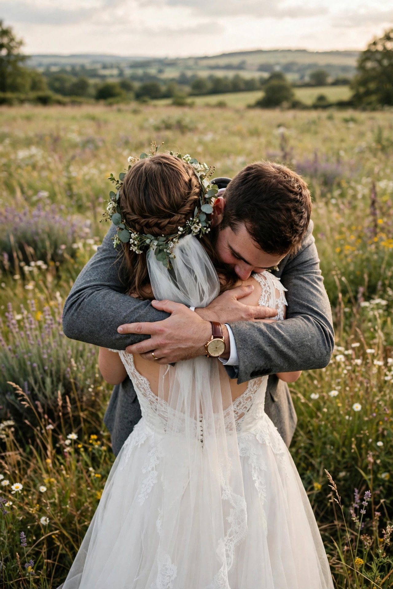 Groom hugging bride from behind in a field