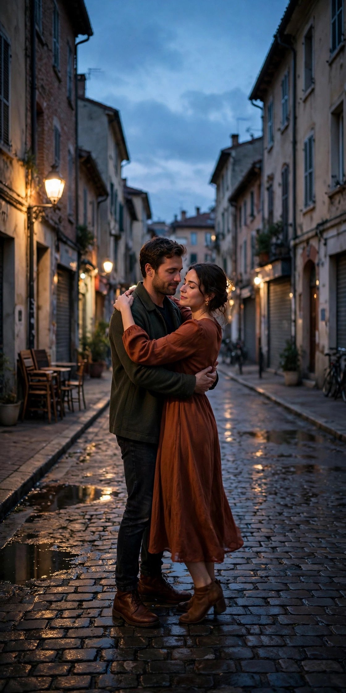 Couple slow dancing in an empty street at dusk