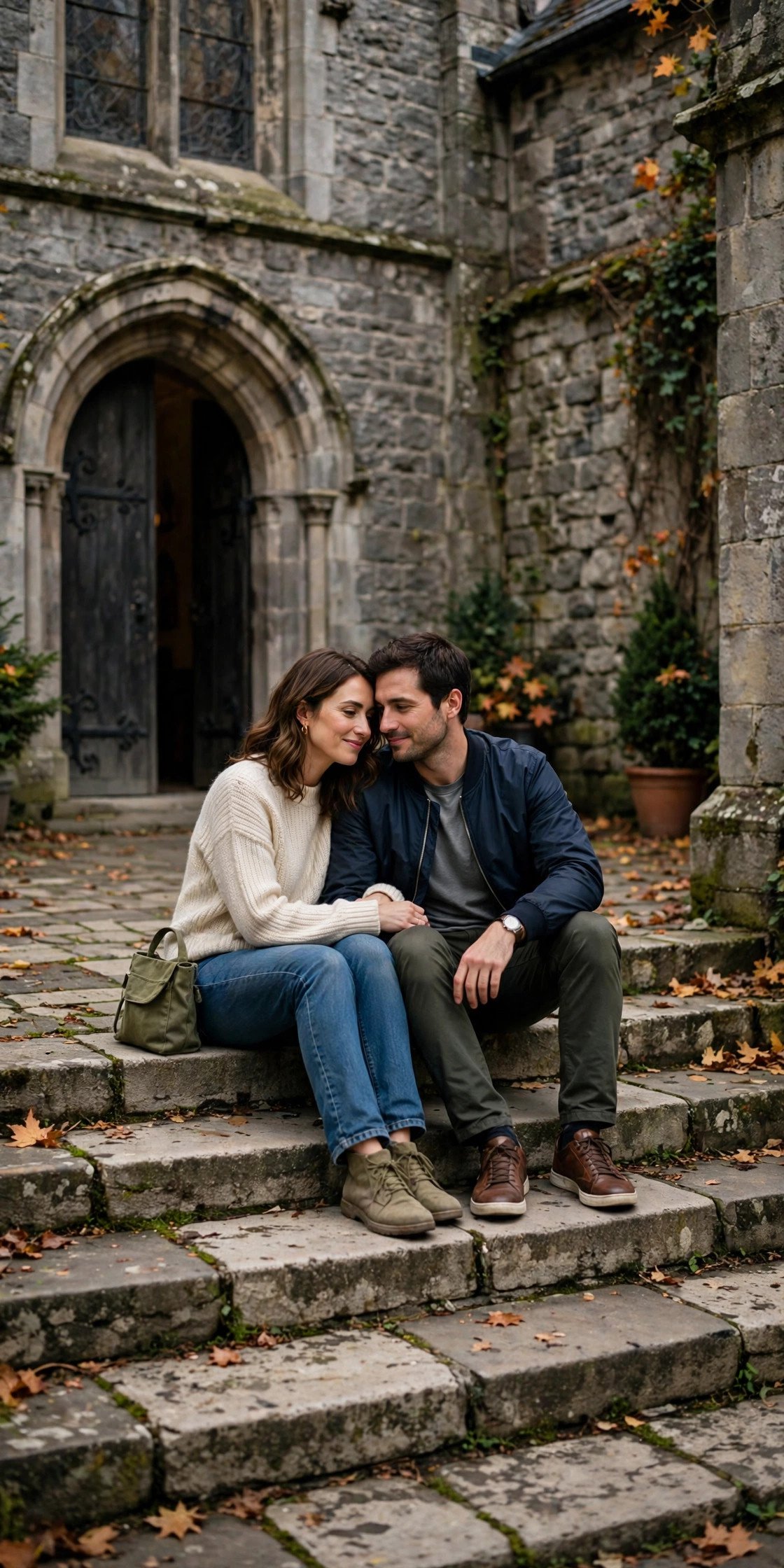 Couple sitting together on stone church steps