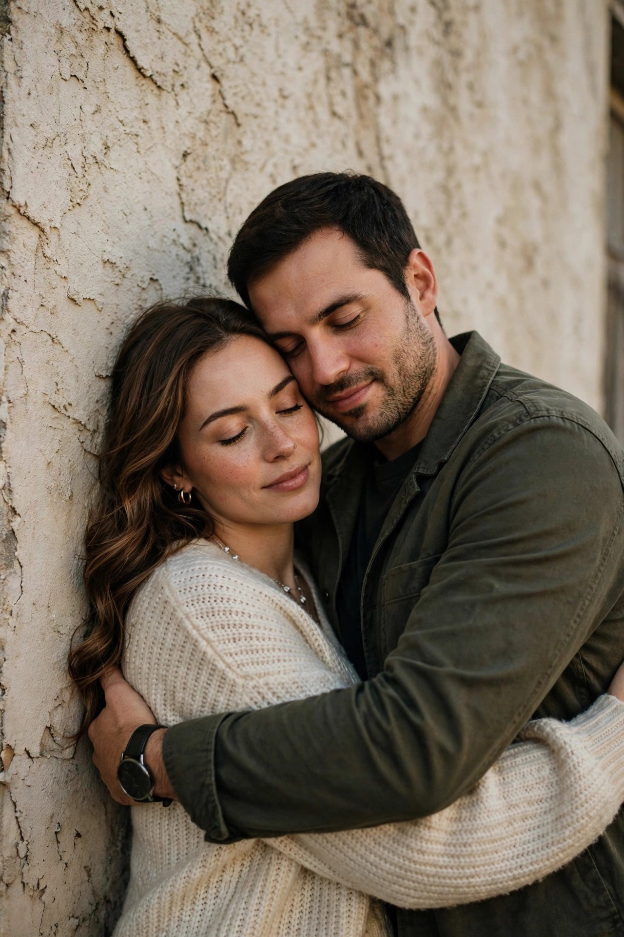 Couple leaning against a textured wall embracing