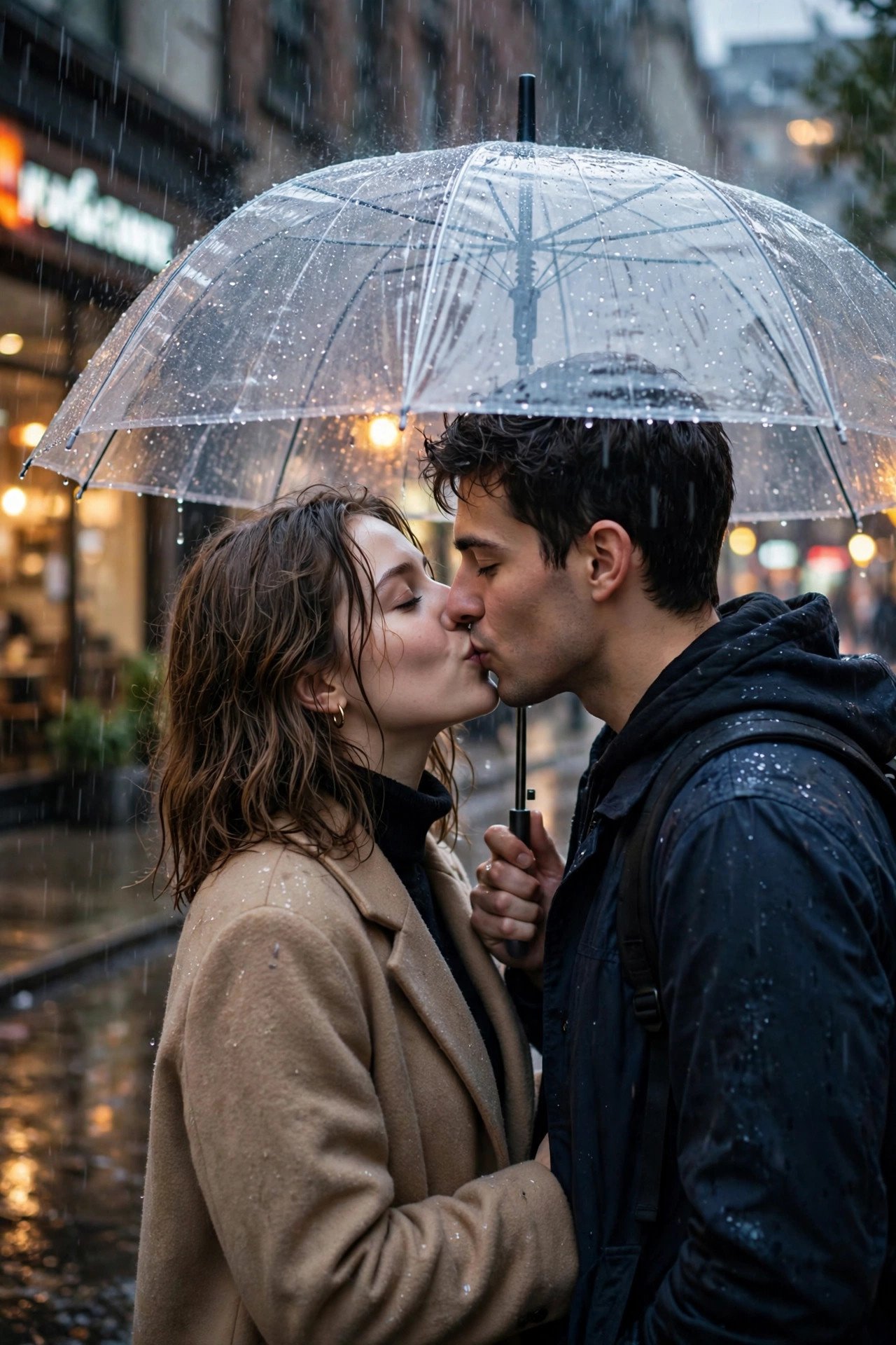 Couple kissing under a clear umbrella in the rain