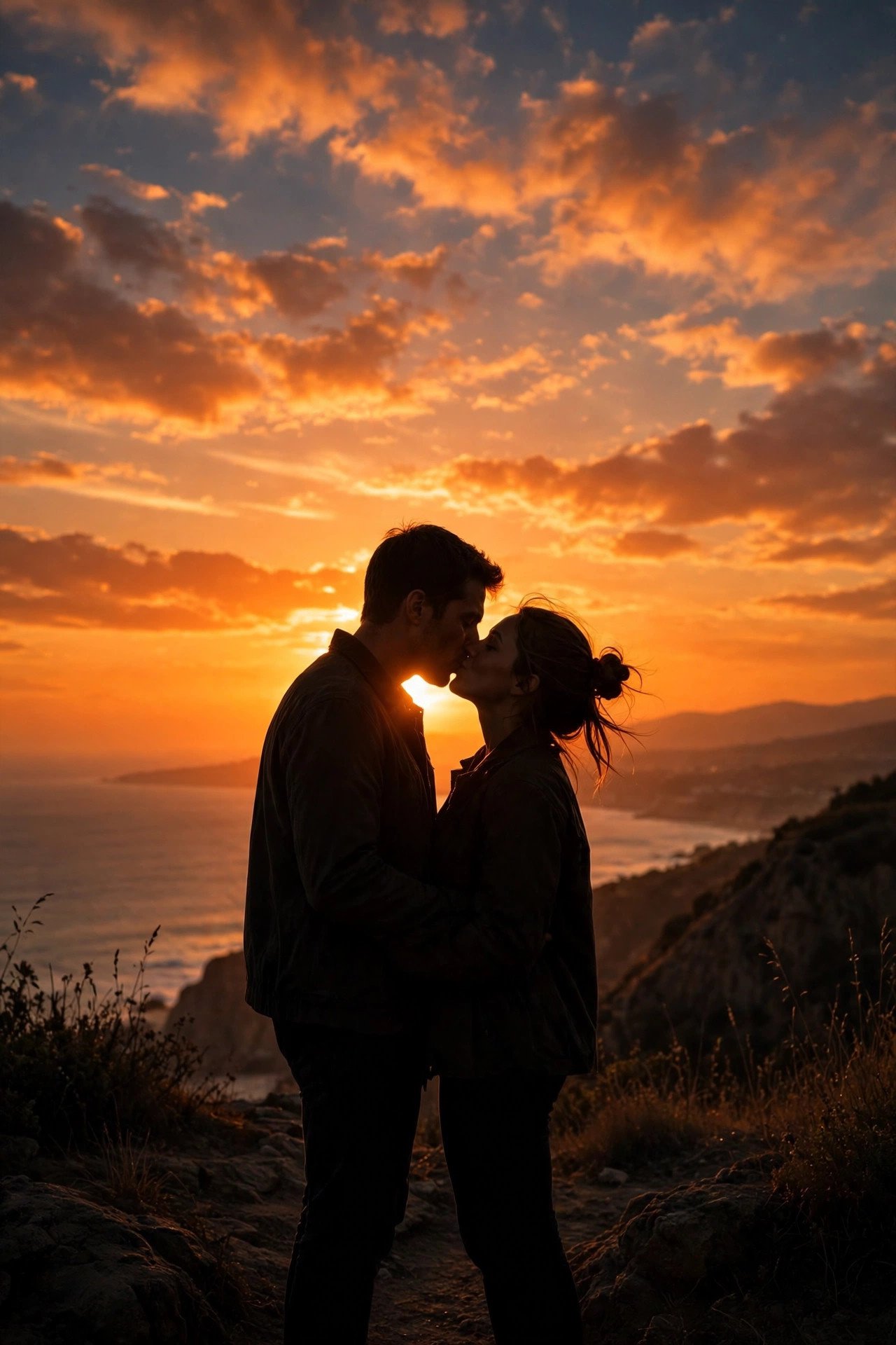 Couple silhouette kissing against orange sunset