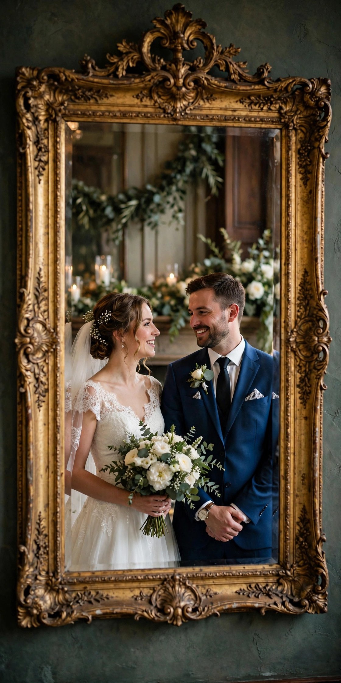 Bride and groom reflected in an ornate mirror