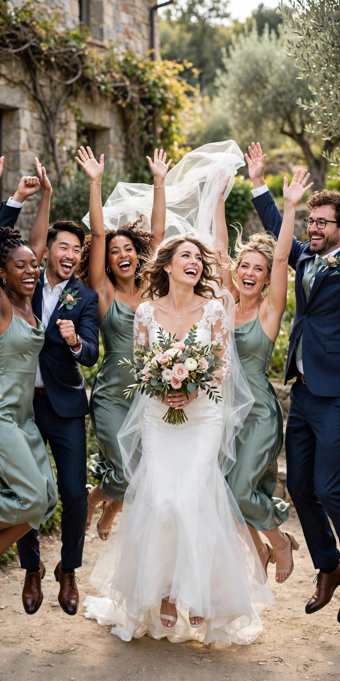 Bridal party jumping in the air together