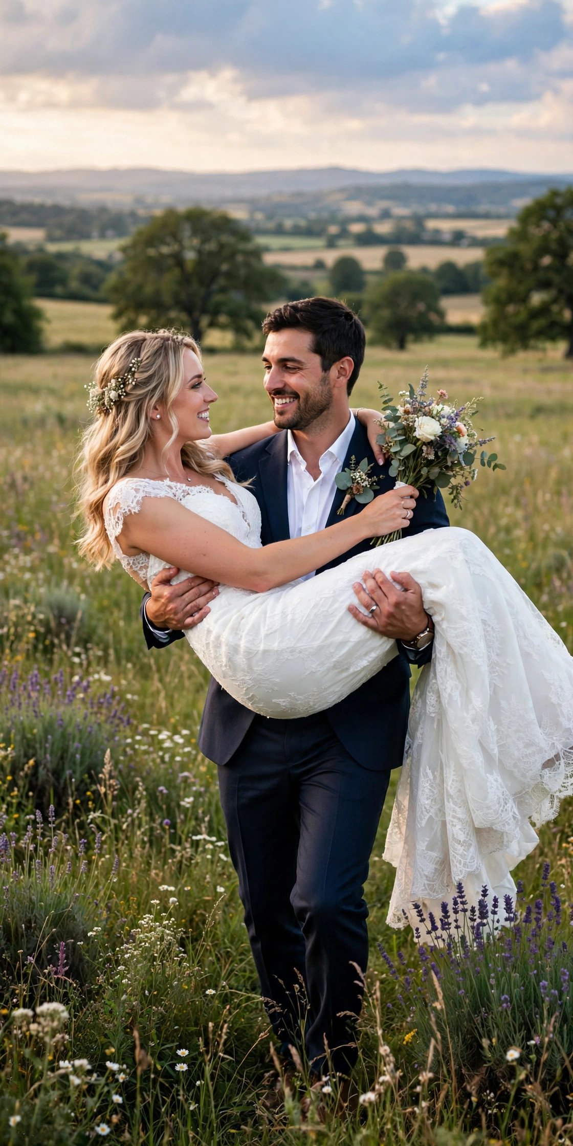 Groom carrying bride in his arms across a field