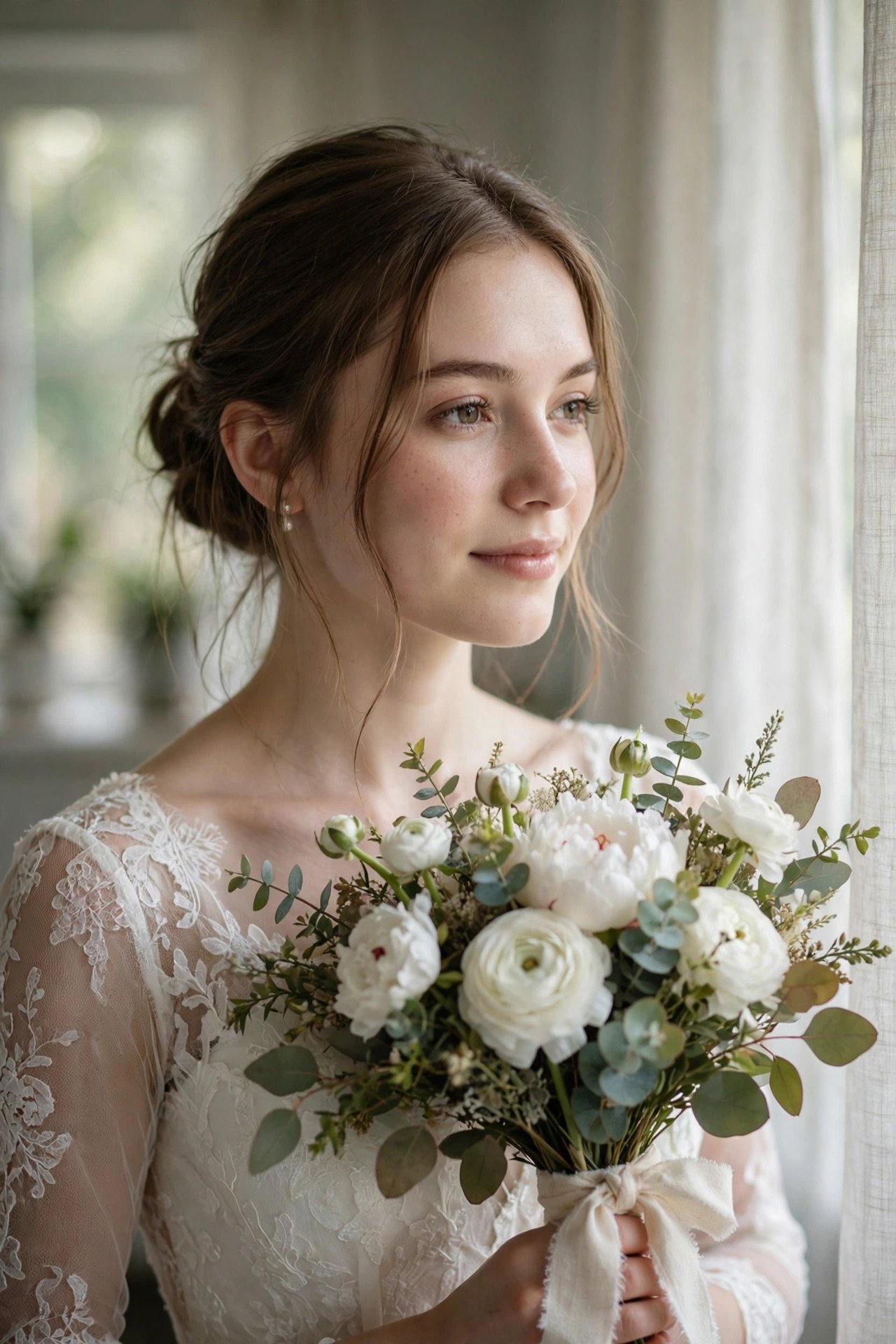 Bride in soft window light holding bouquet