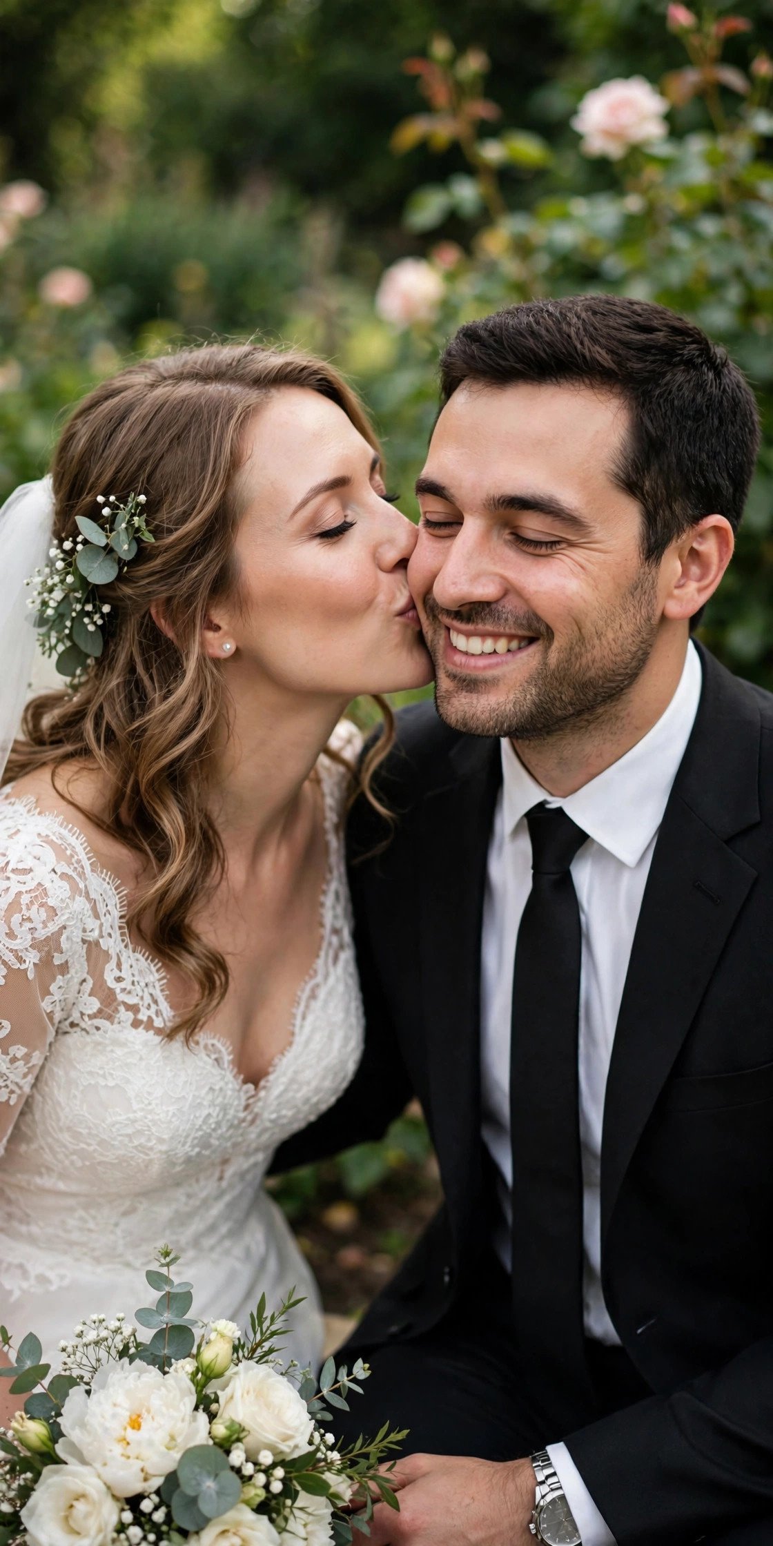 Bride kissing groom on the cheek