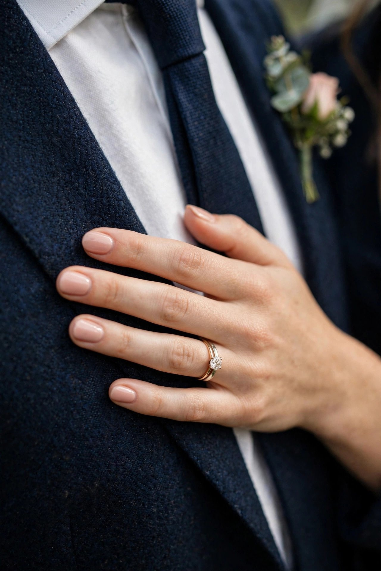 Bride's hand resting on groom's chest close up