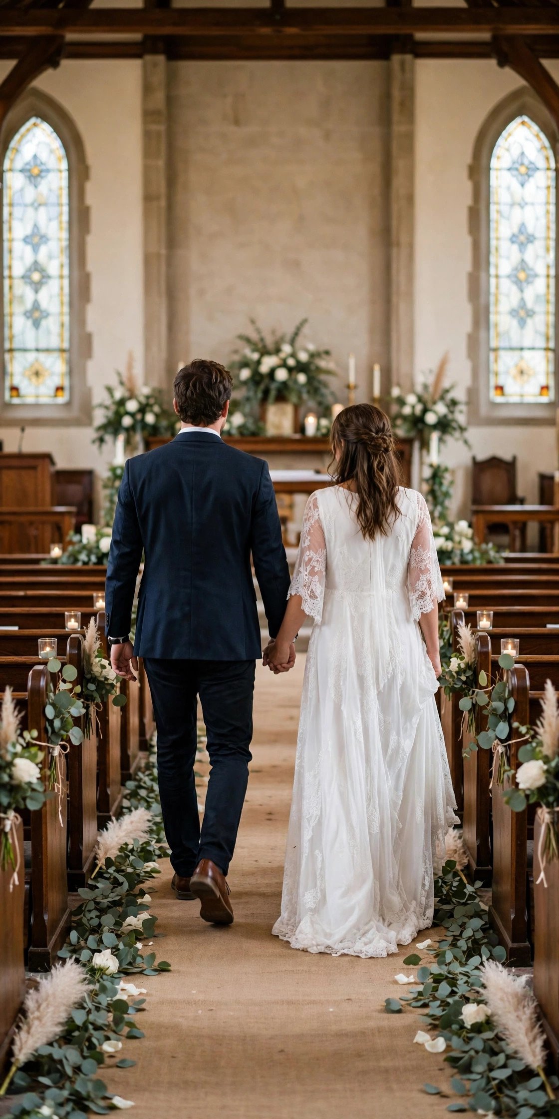 Couple walking away holding hands down the aisle