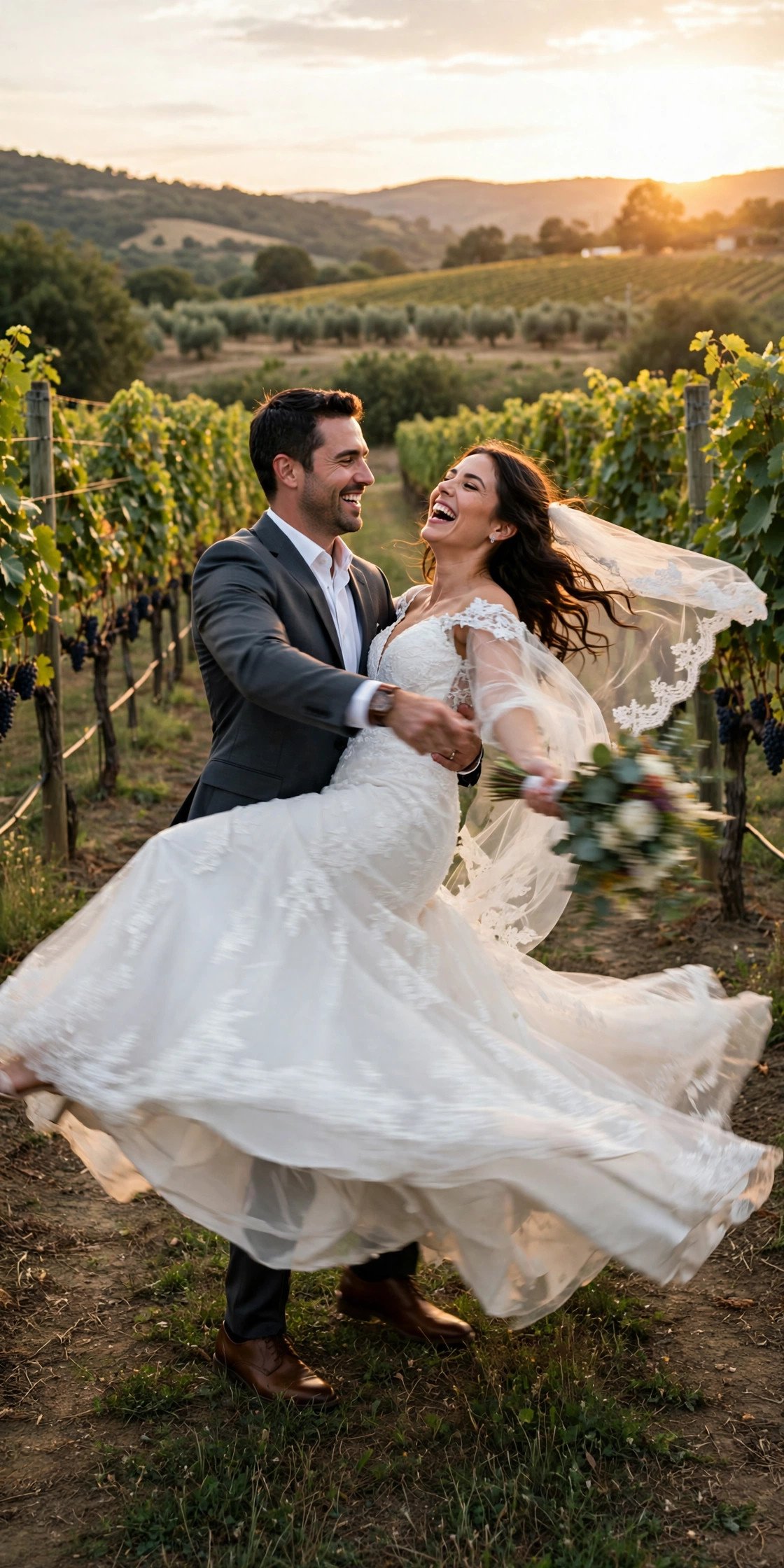 Groom spinning bride around in a vineyard