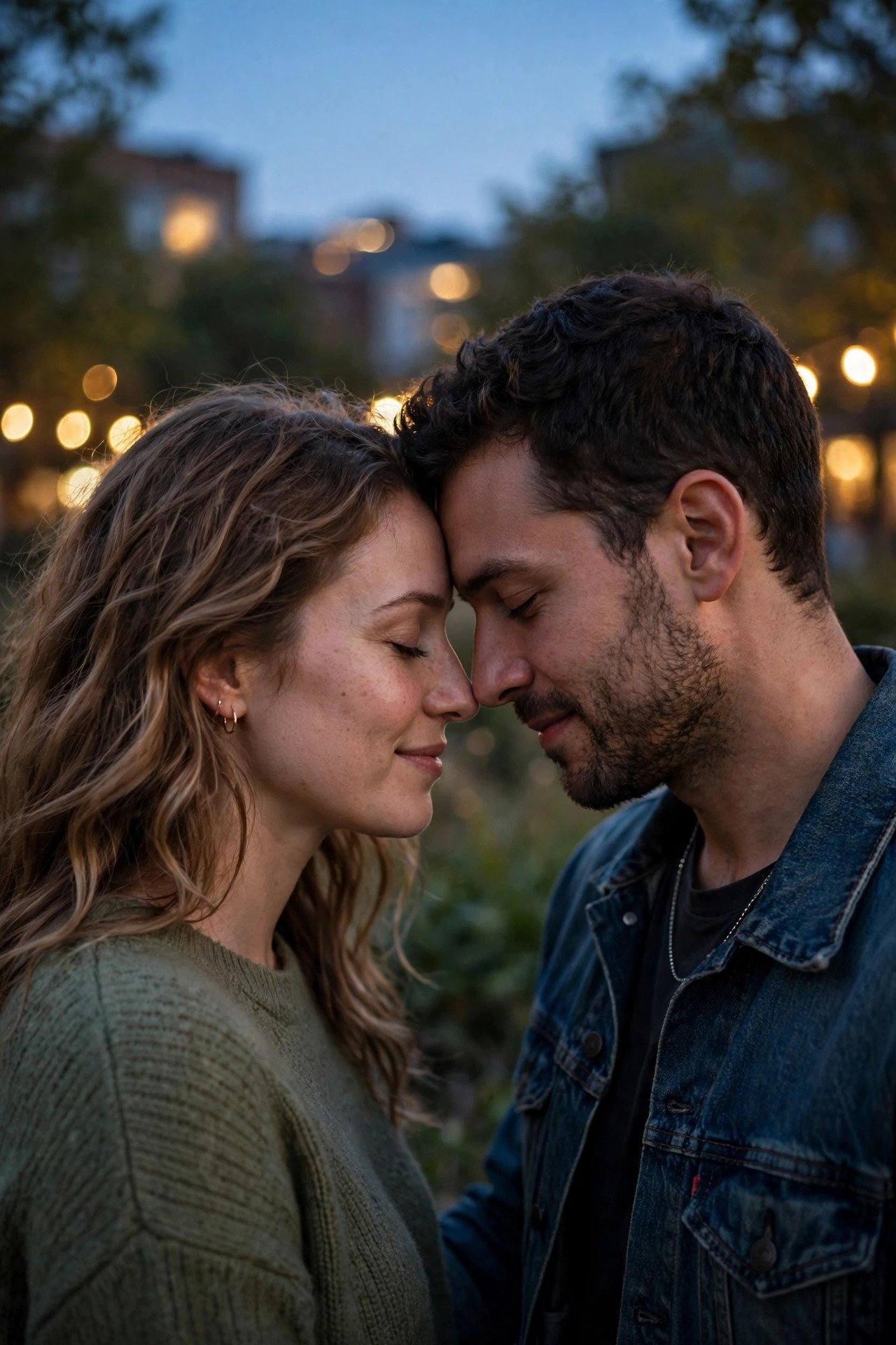 Couple touching foreheads with eyes closed at dusk