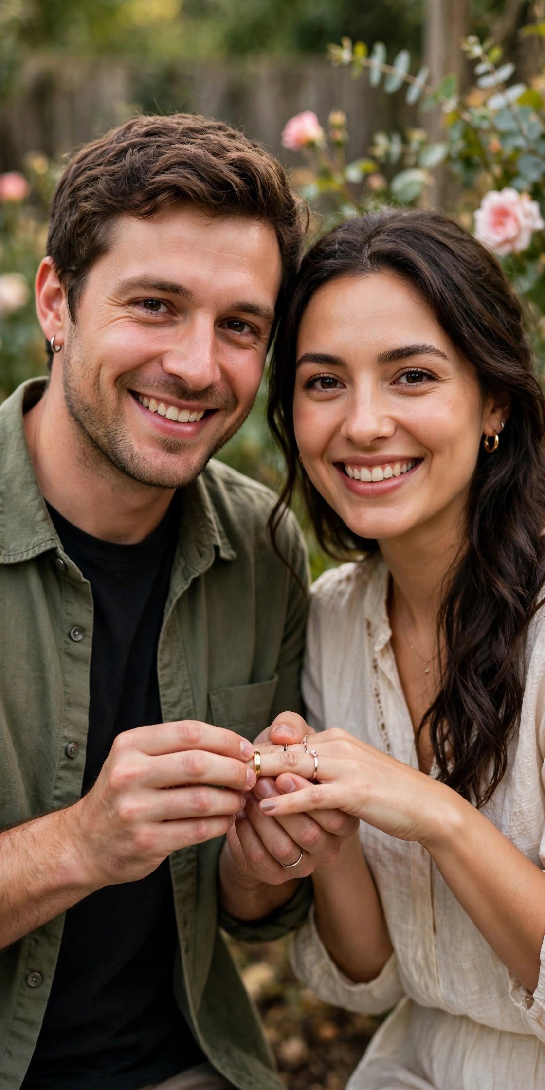 Couple reenacting ring exchange for the camera
