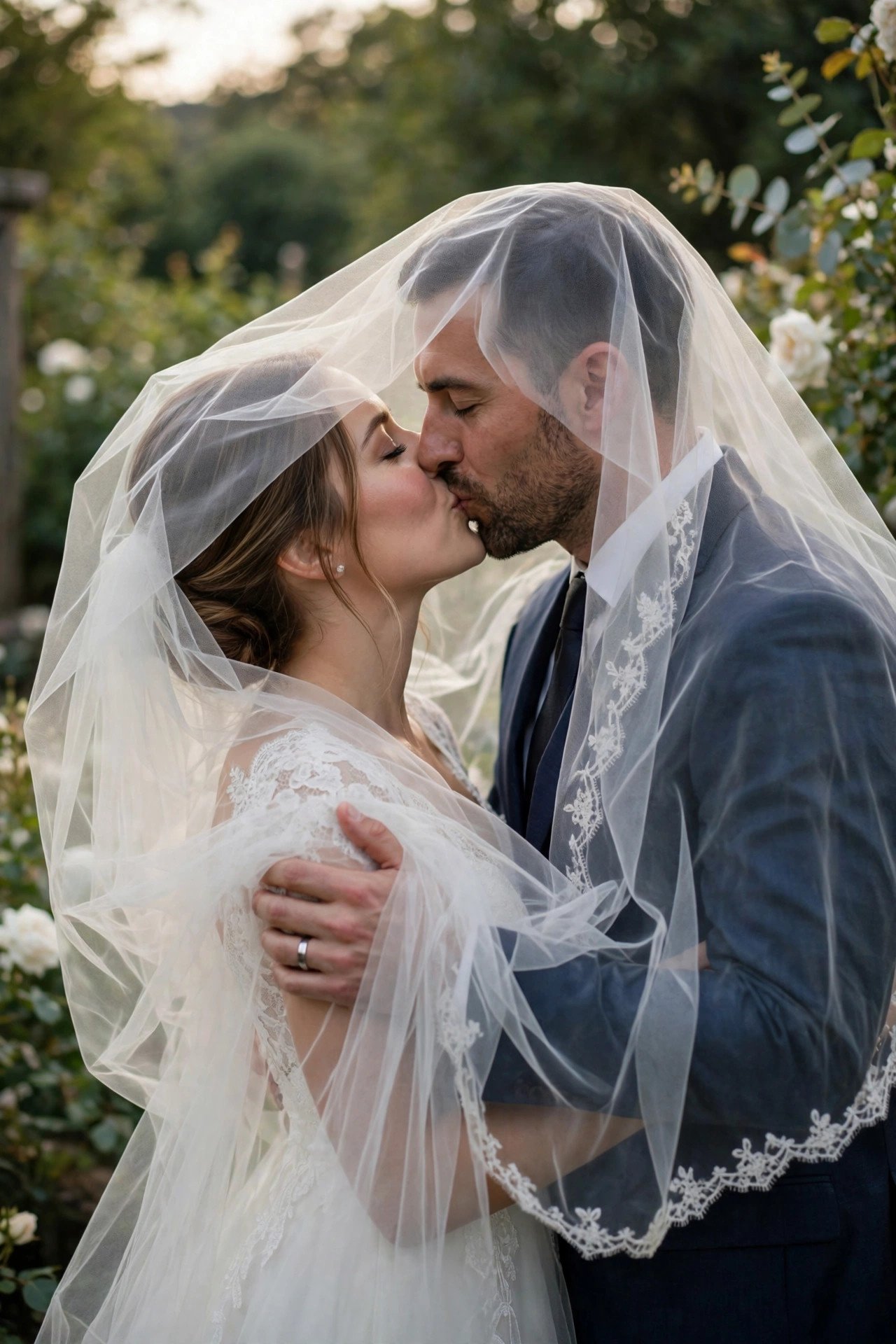 Couple kissing under the bride's veil